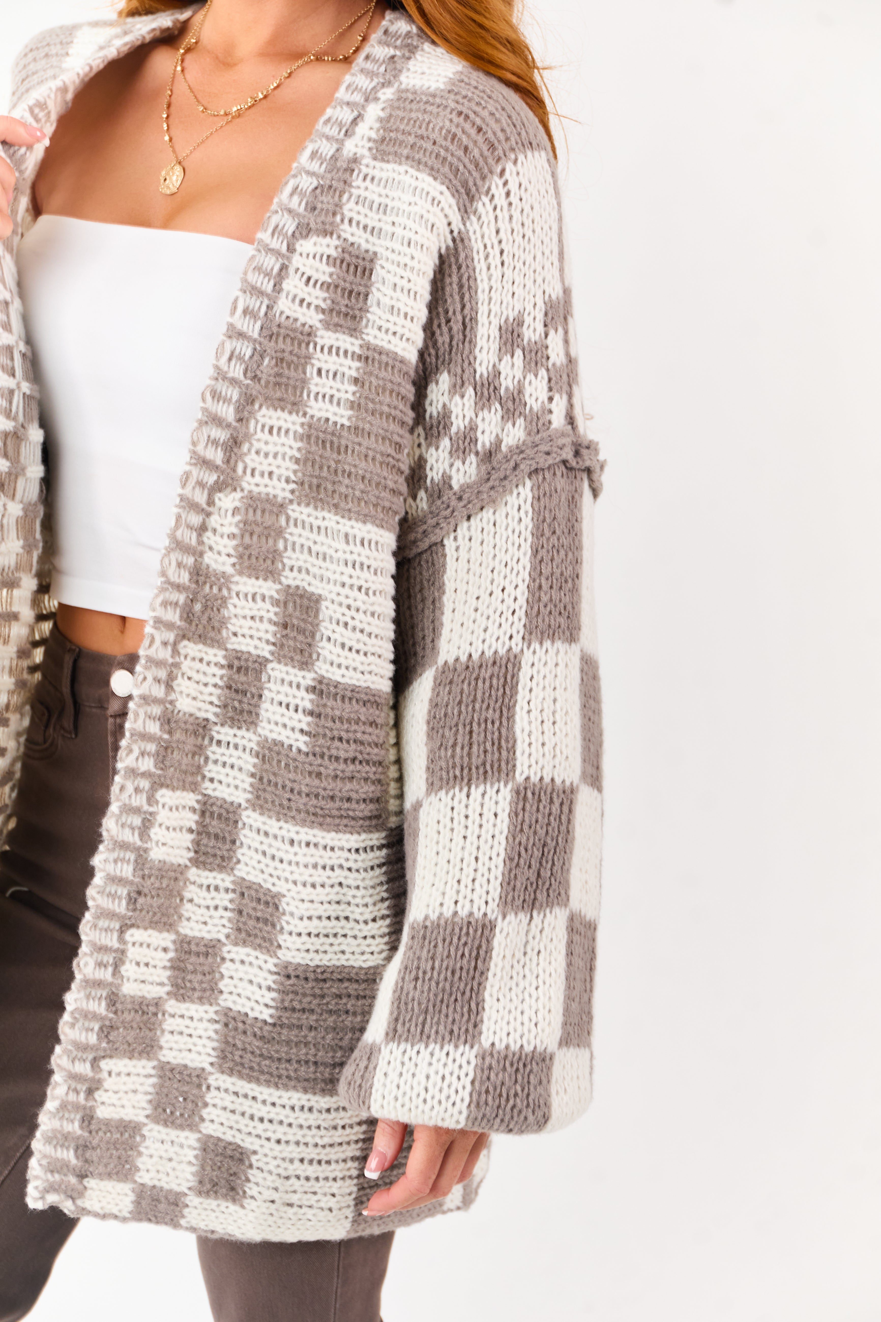 Taupe and Ivory Checkered Chunky Knit Cardigan