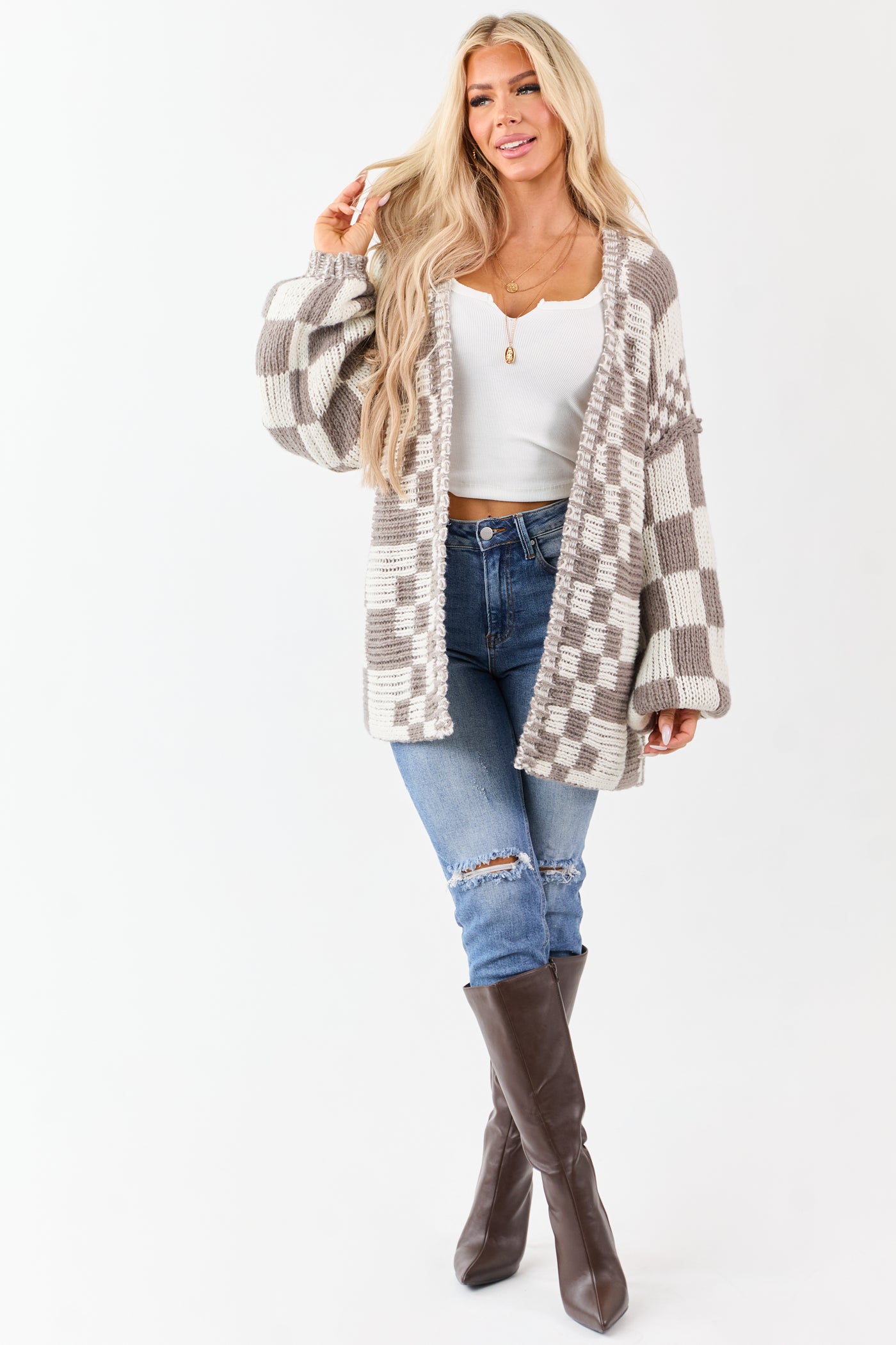 Taupe and Ivory Checkered Chunky Knit Cardigan