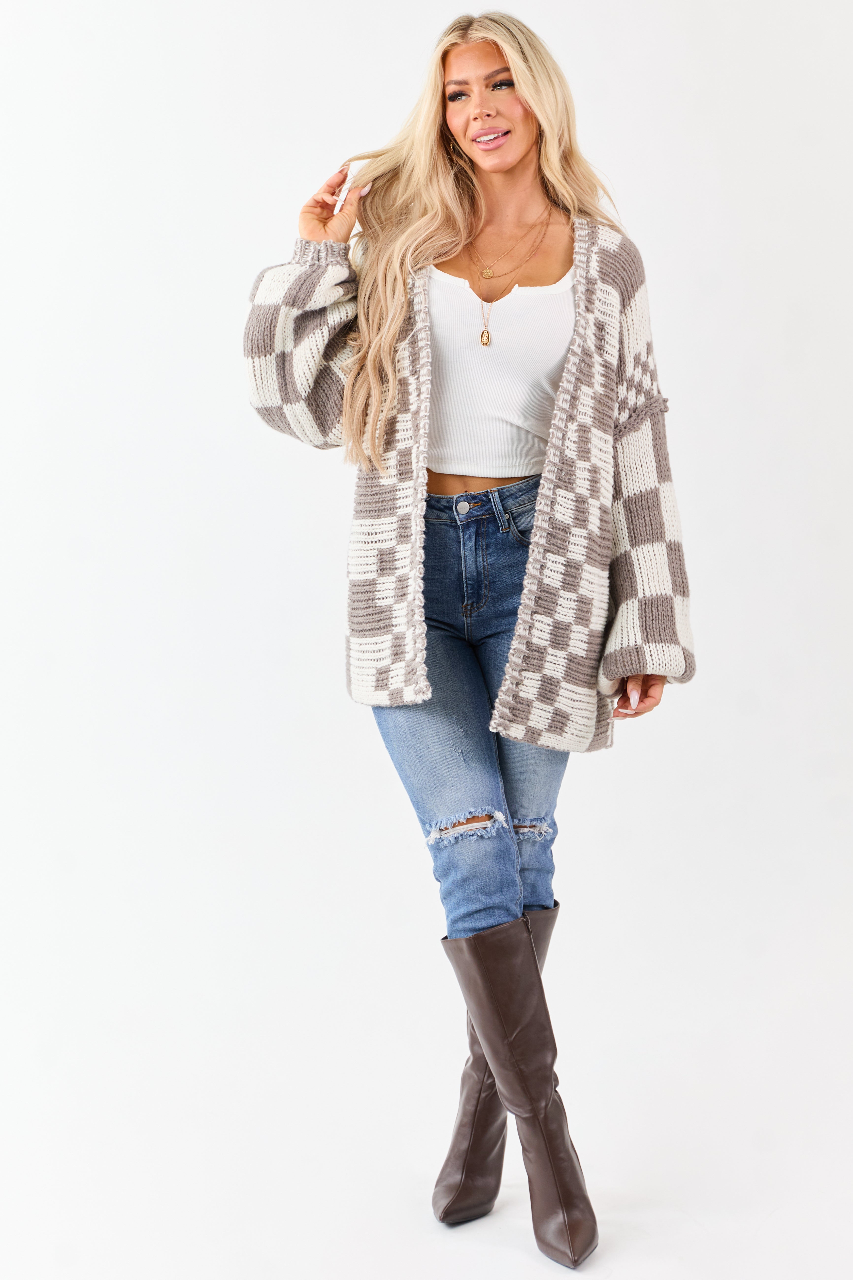 Taupe and Ivory Checkered Chunky Knit Cardigan