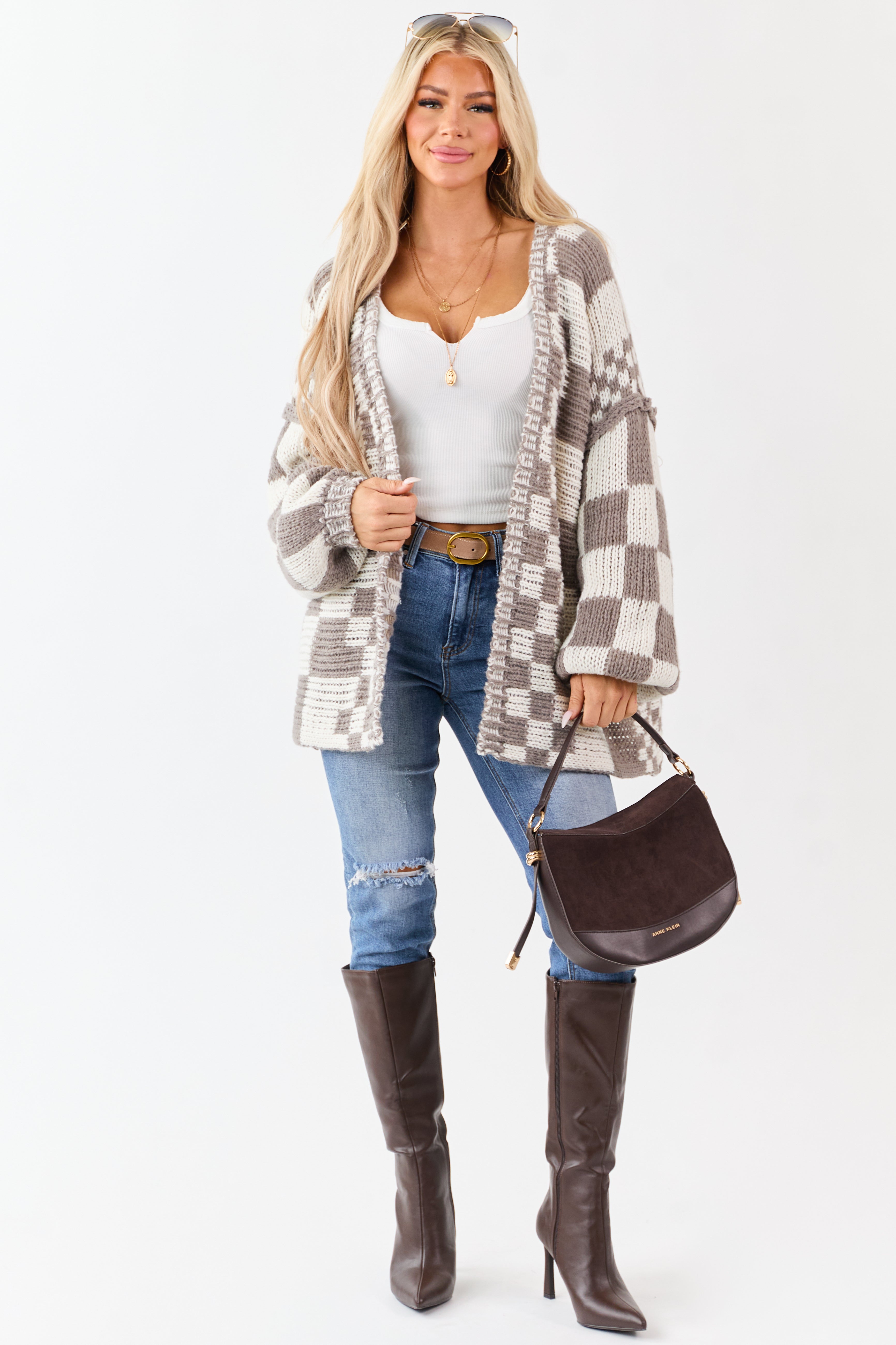 Taupe and Ivory Checkered Chunky Knit Cardigan
