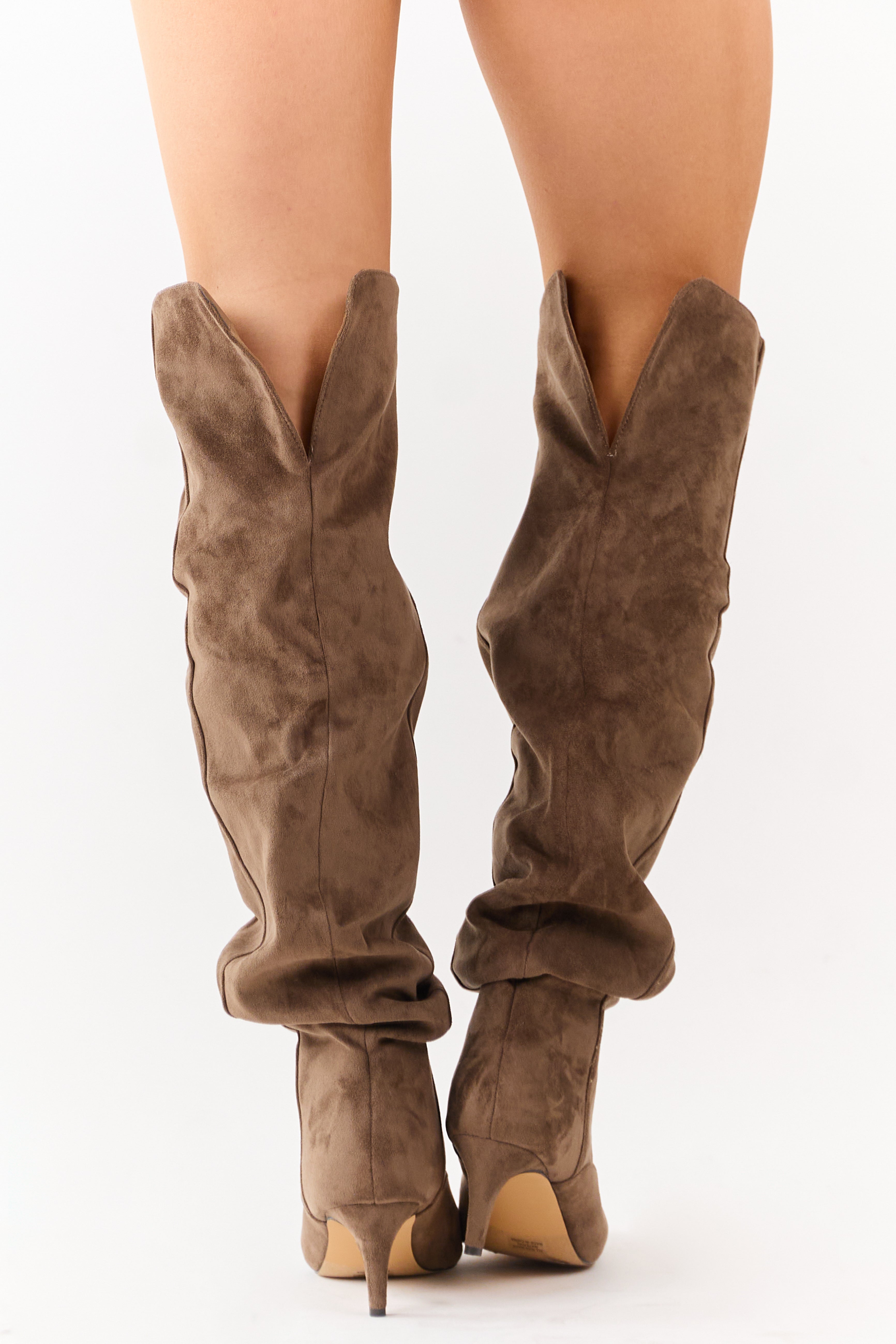 Taupe Faux Suede Low Stiletto Heel Slouchy Boots