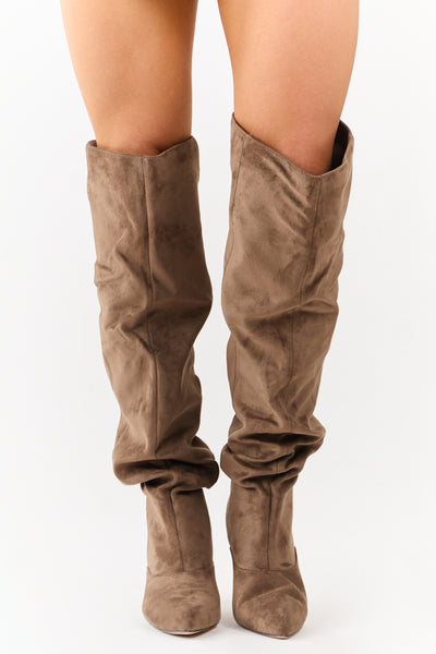 Taupe Faux Suede Low Stiletto Heel Slouchy Boots