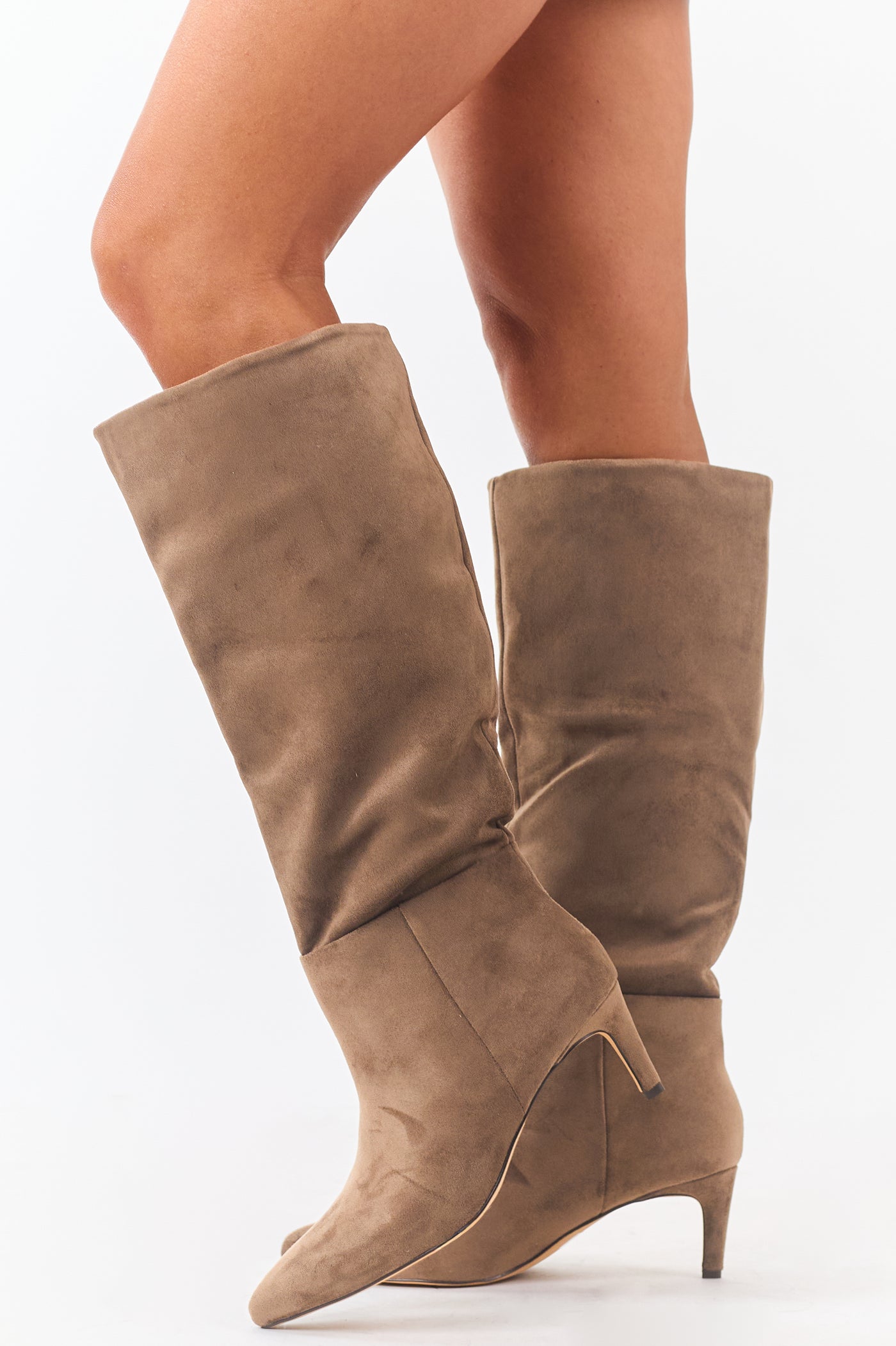 Taupe Faux Suede Pointed Toe Heeled Boots