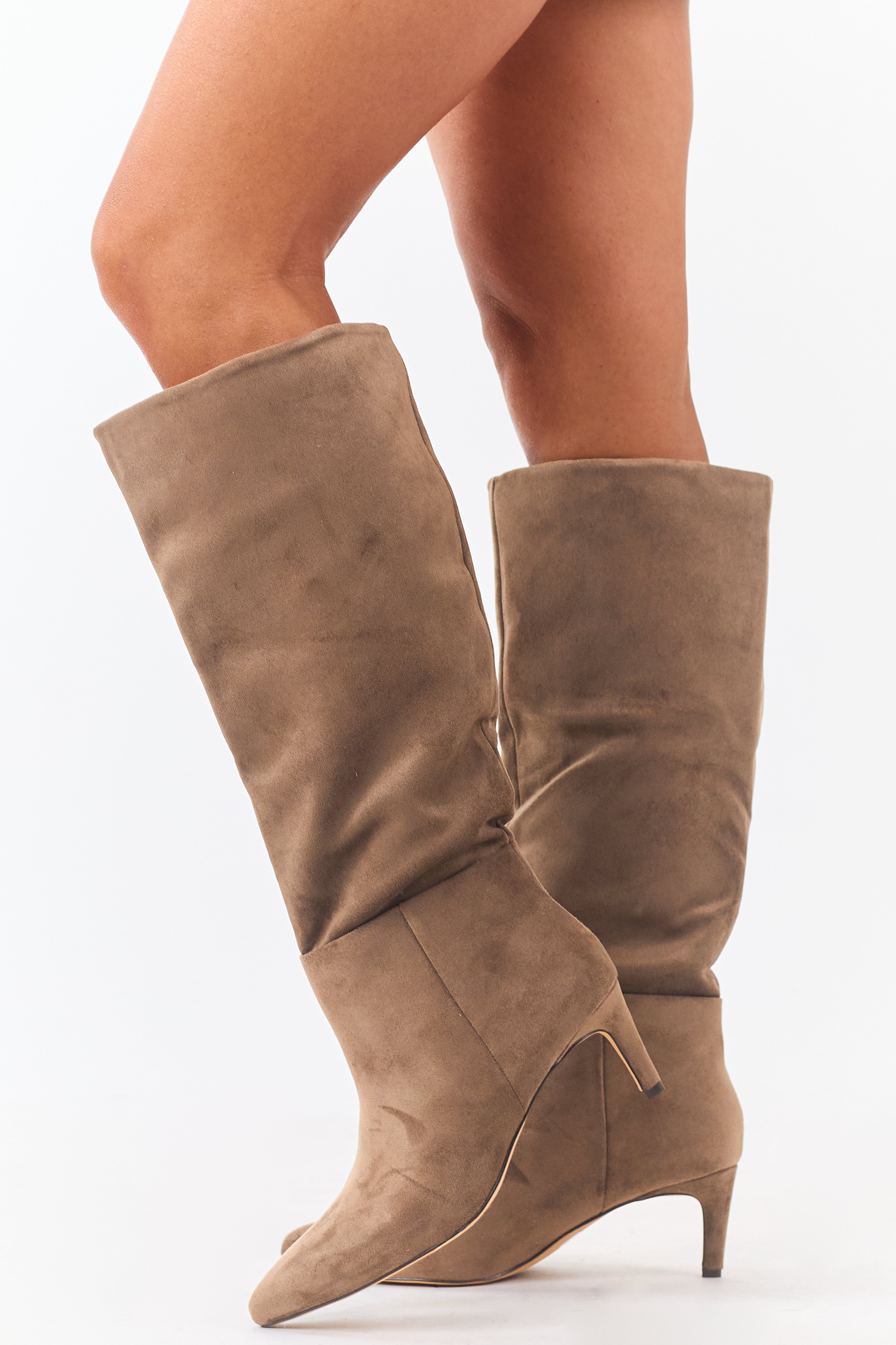 Taupe Faux Suede Pointed Toe Heeled Boots