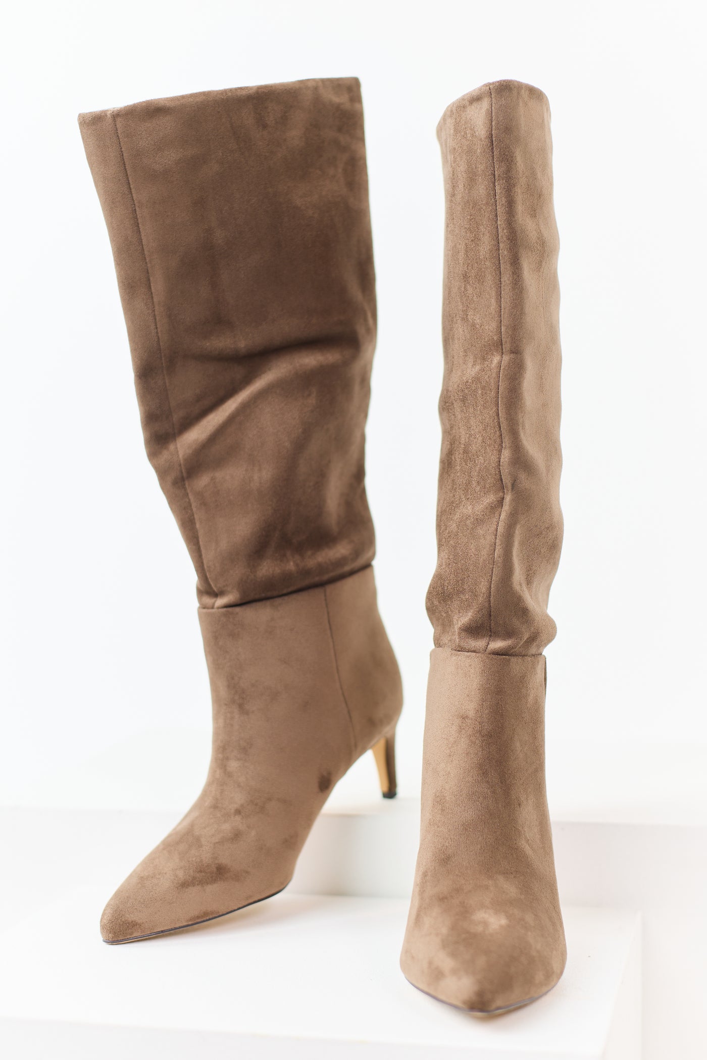 Taupe Faux Suede Pointed Toe Heeled Boots