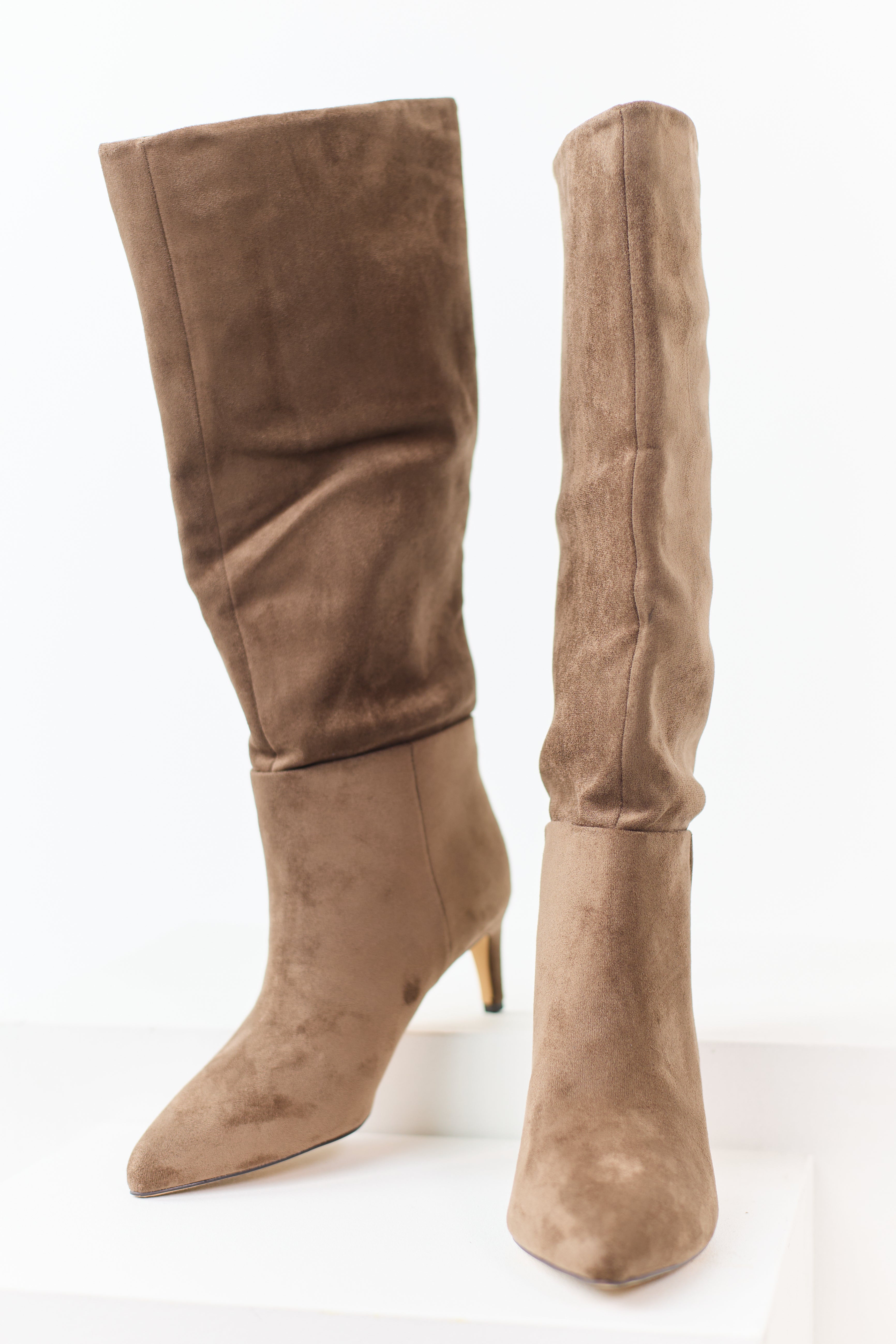 Taupe Faux Suede Pointed Toe Heeled Boots