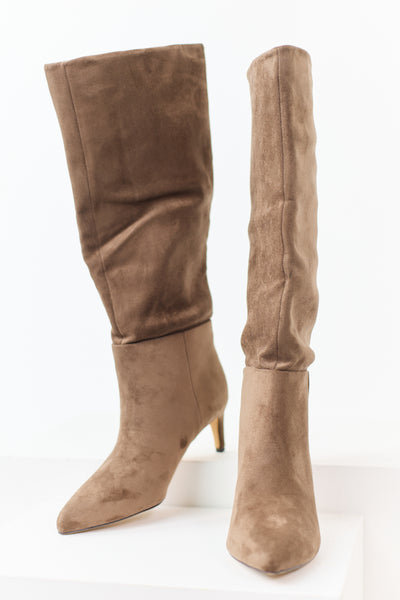 Taupe Faux Suede Pointed Toe Heeled Boots