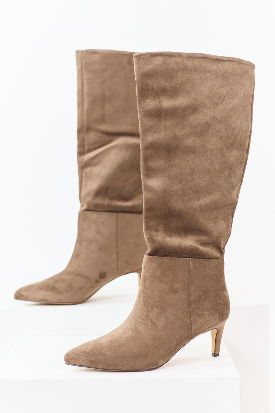 Taupe Faux Suede Pointed Toe Heeled Boots