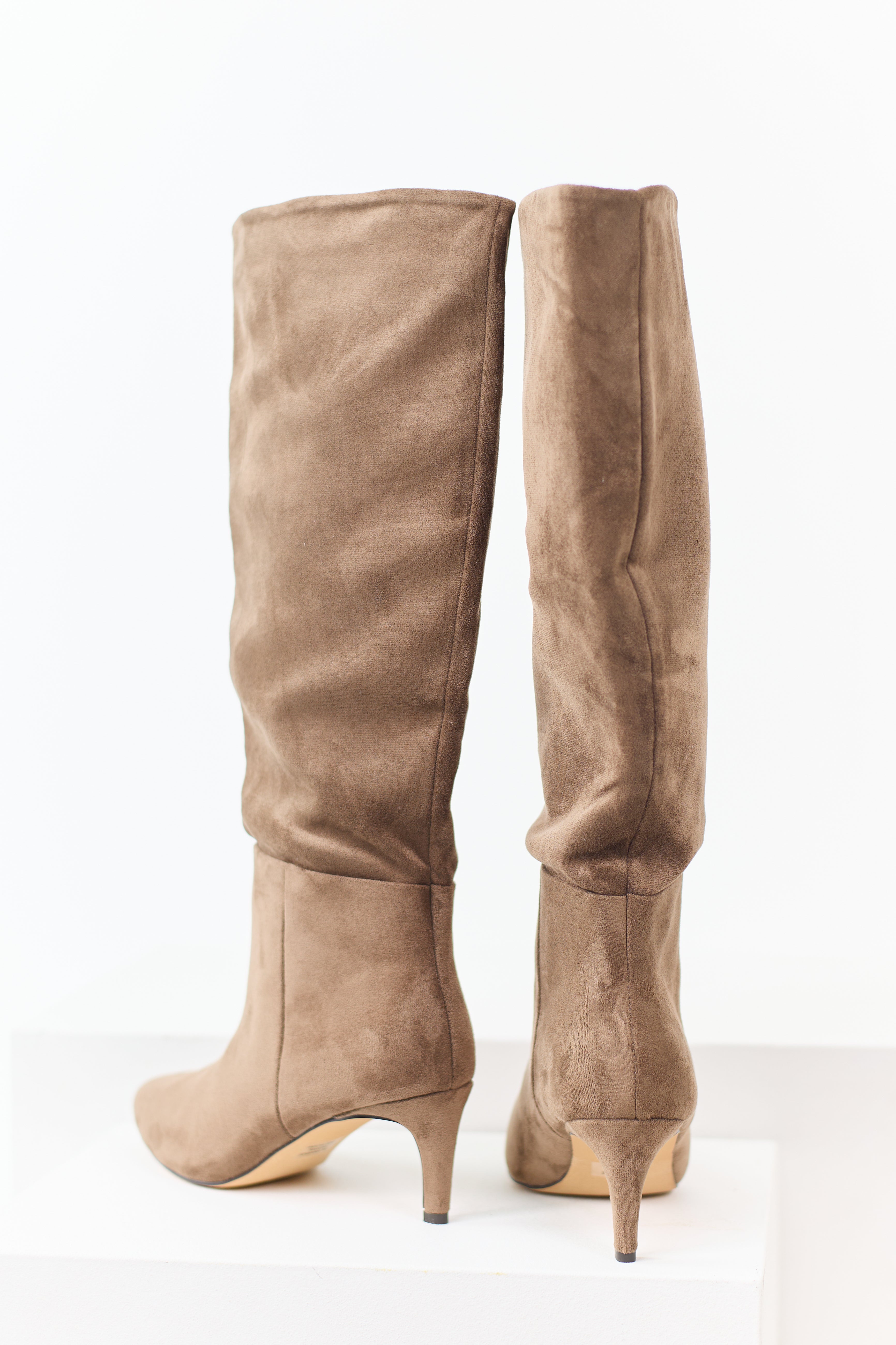 Taupe Faux Suede Pointed Toe Heeled Boots