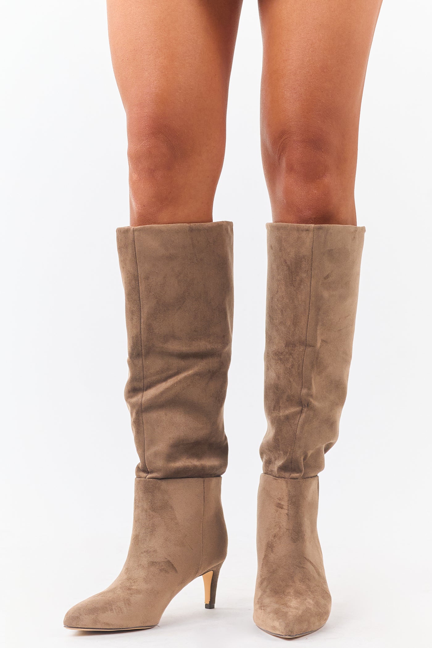 Taupe Faux Suede Pointed Toe Heeled Boots