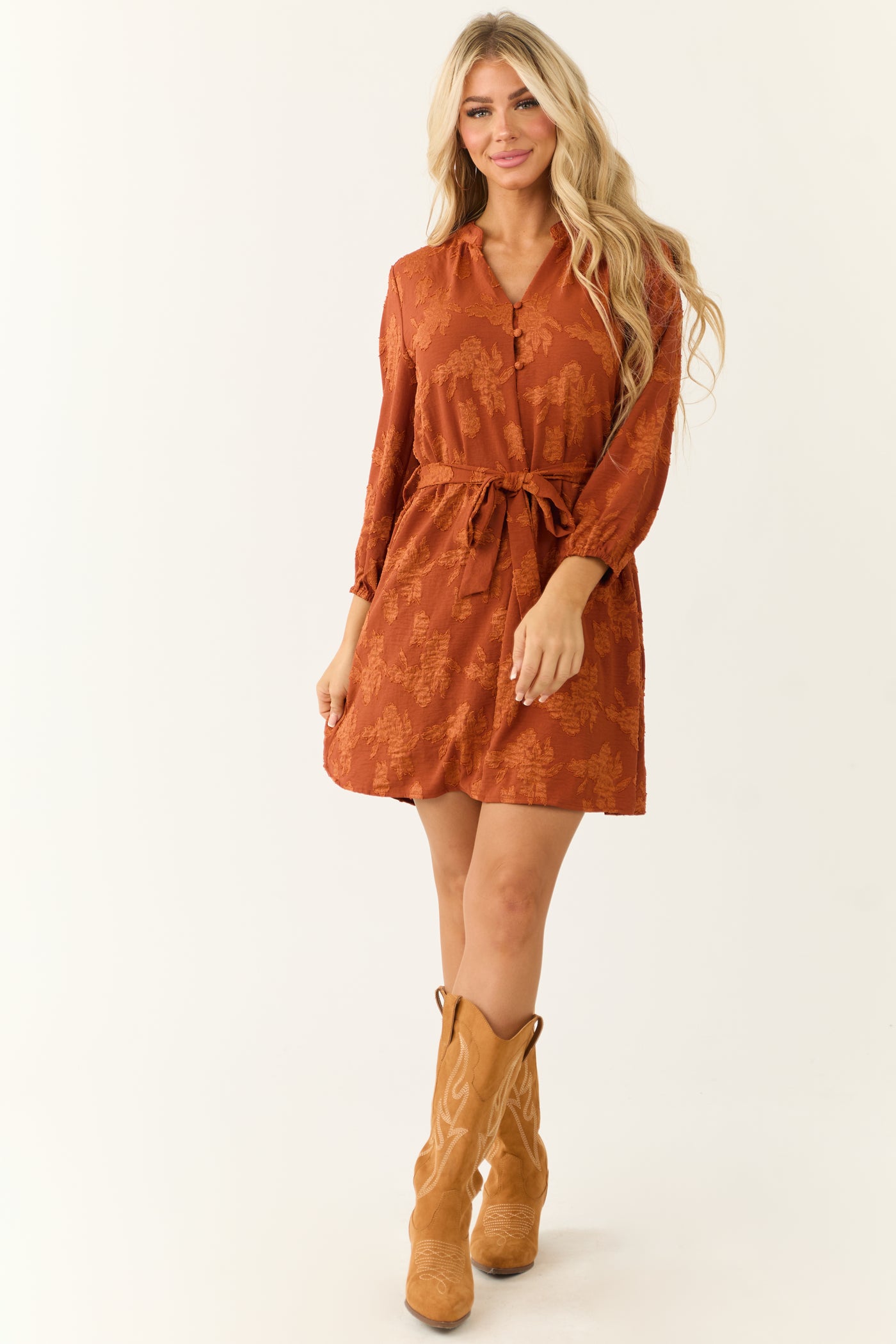 Tawny Floral Jacquard Short Dress with Waist Tie Tawny Floral Jacquard Short Dress with Waist Tie