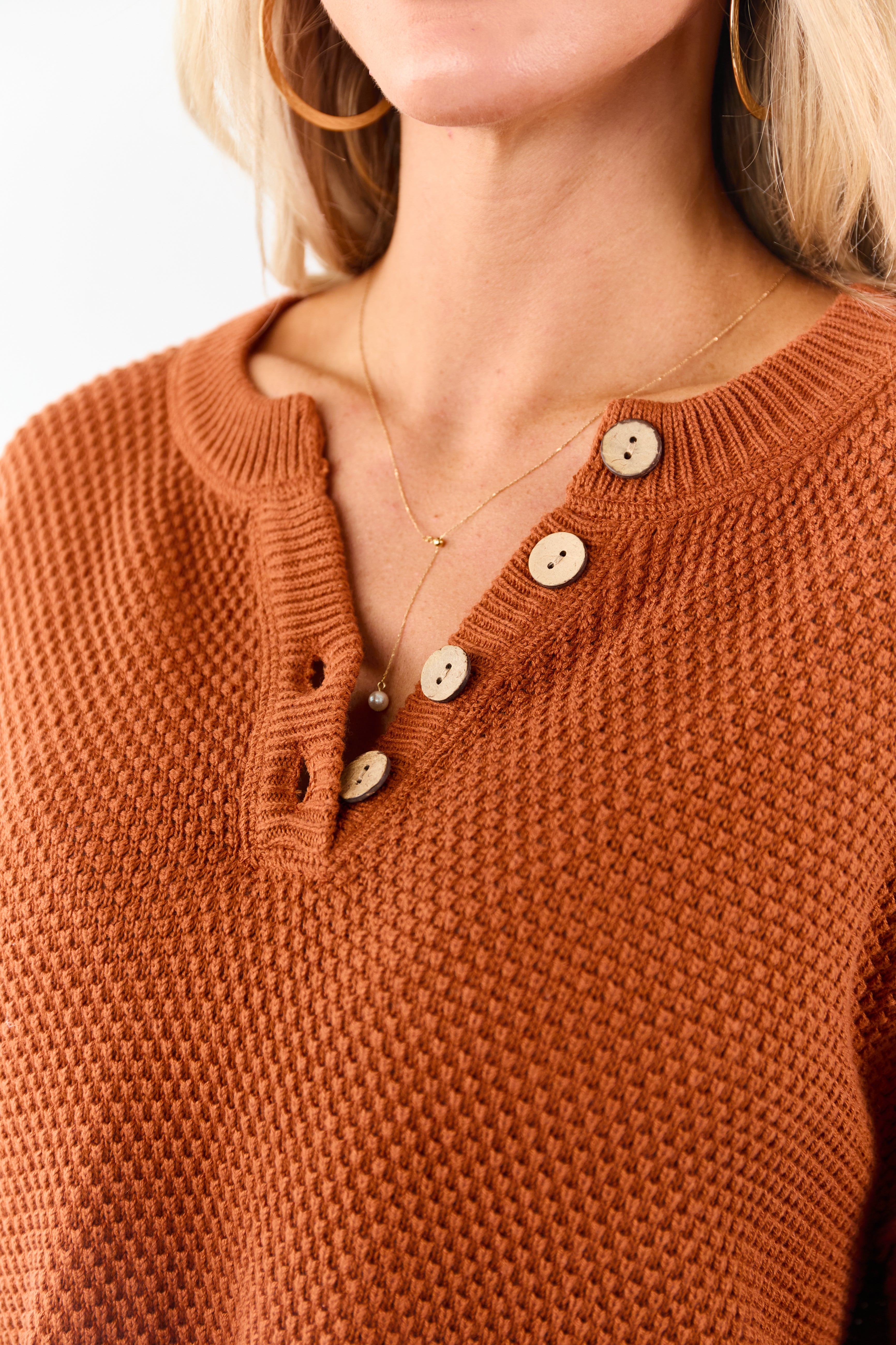 Tawny Half Button Down Textured Knit Sweater