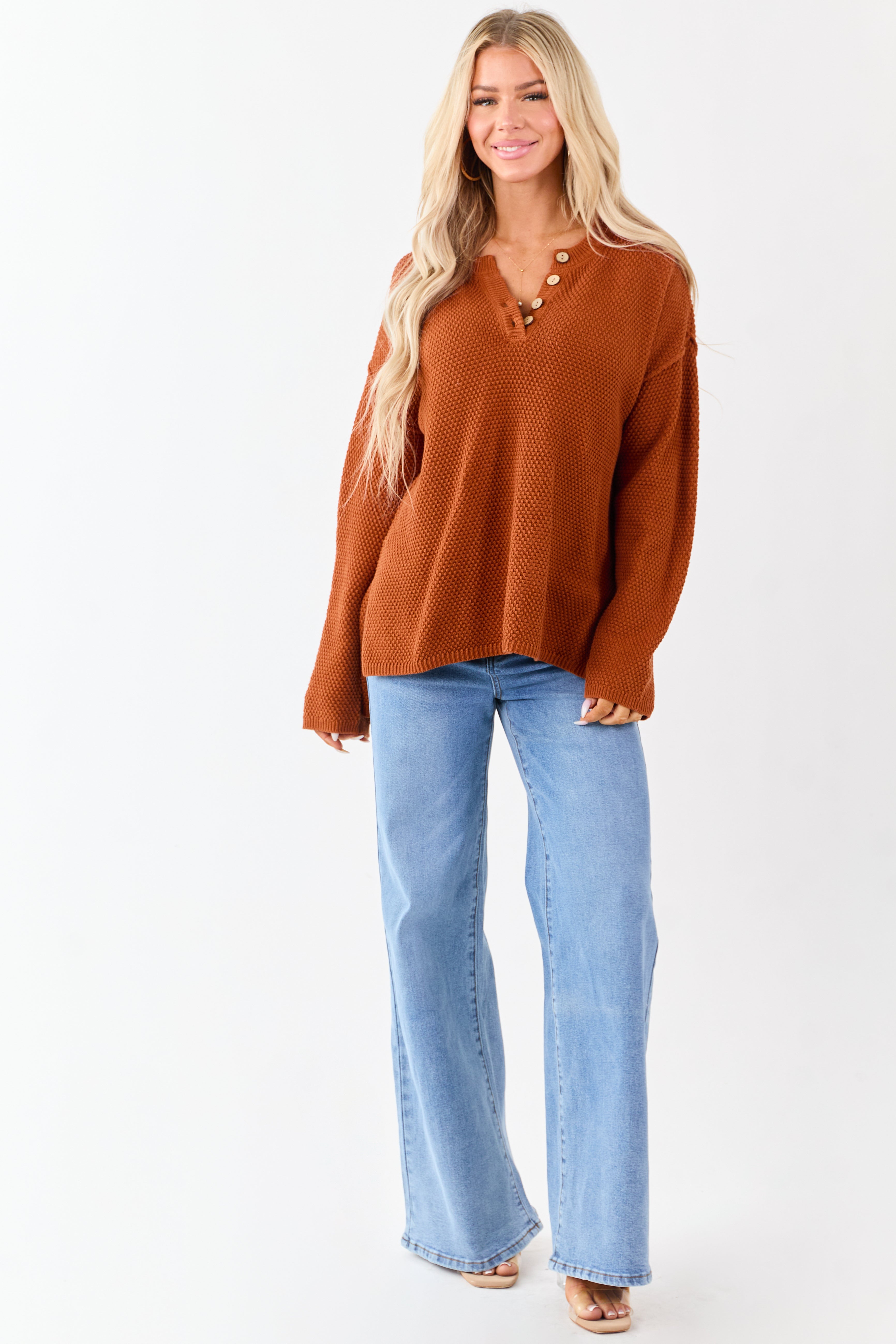 Tawny Half Button Down Textured Knit Sweater