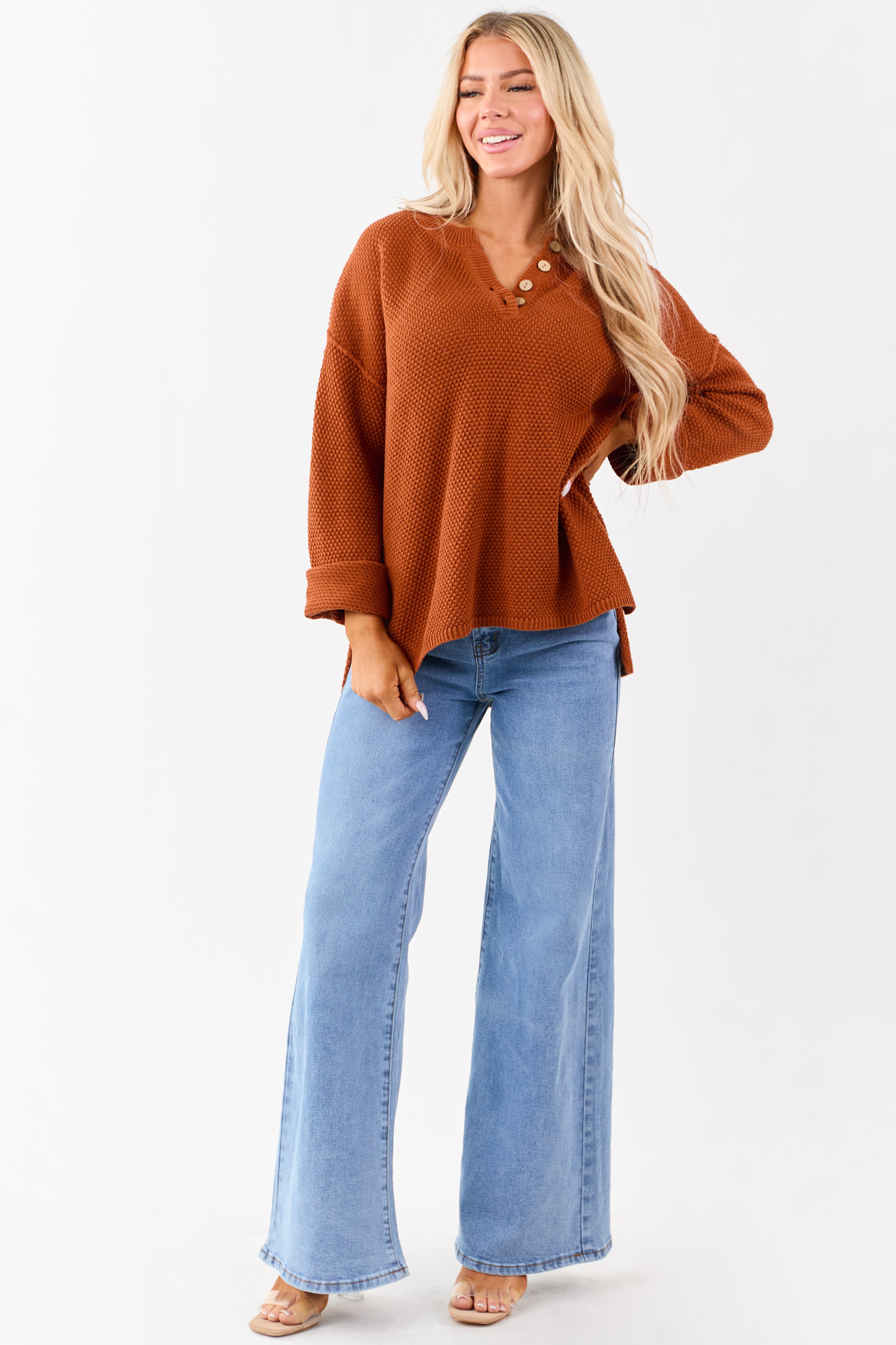 Tawny Half Button Down Textured Knit Sweater