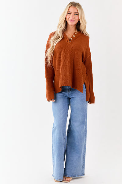 Tawny Half Button Down Textured Knit Sweater