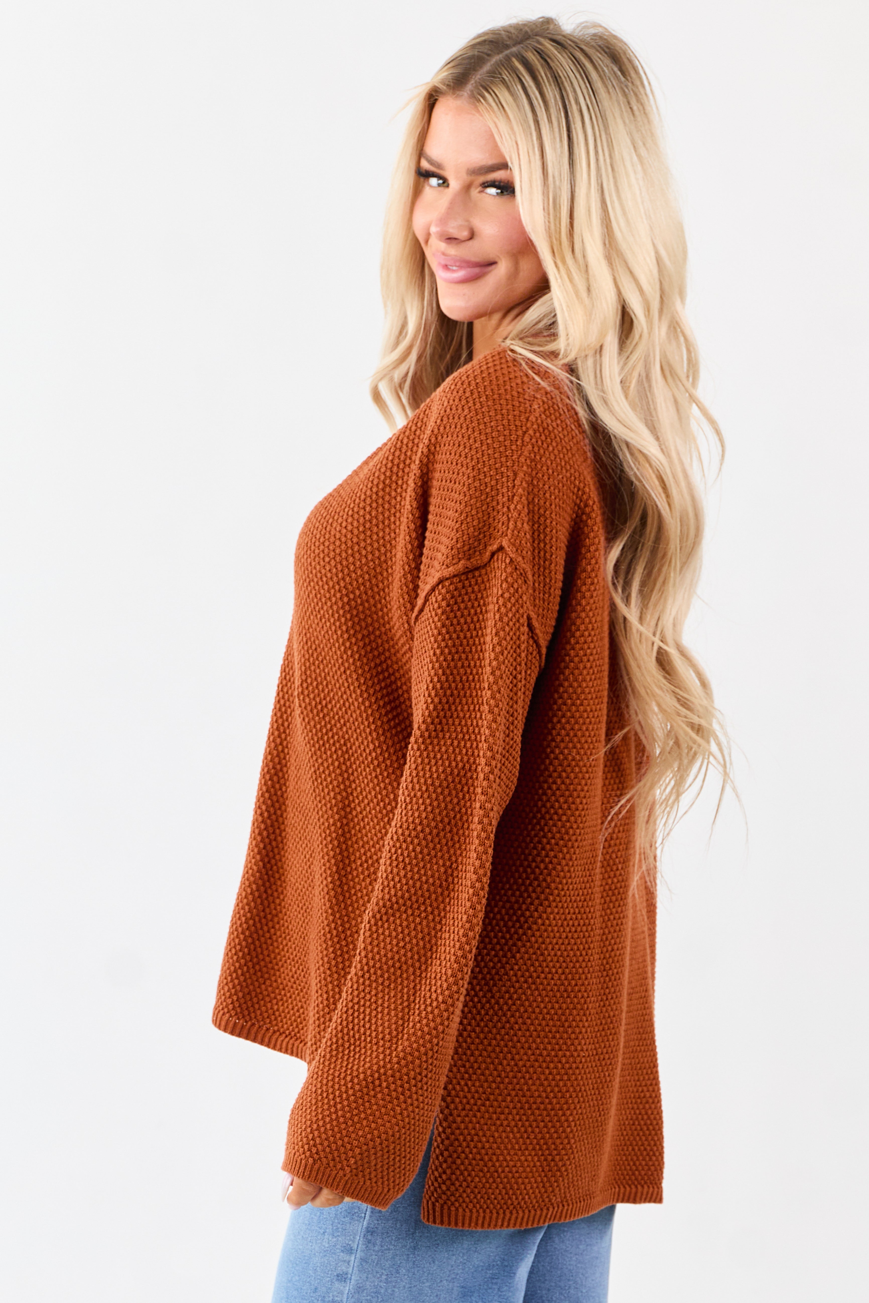 Tawny Half Button Down Textured Knit Sweater | Lime Lush Boutique