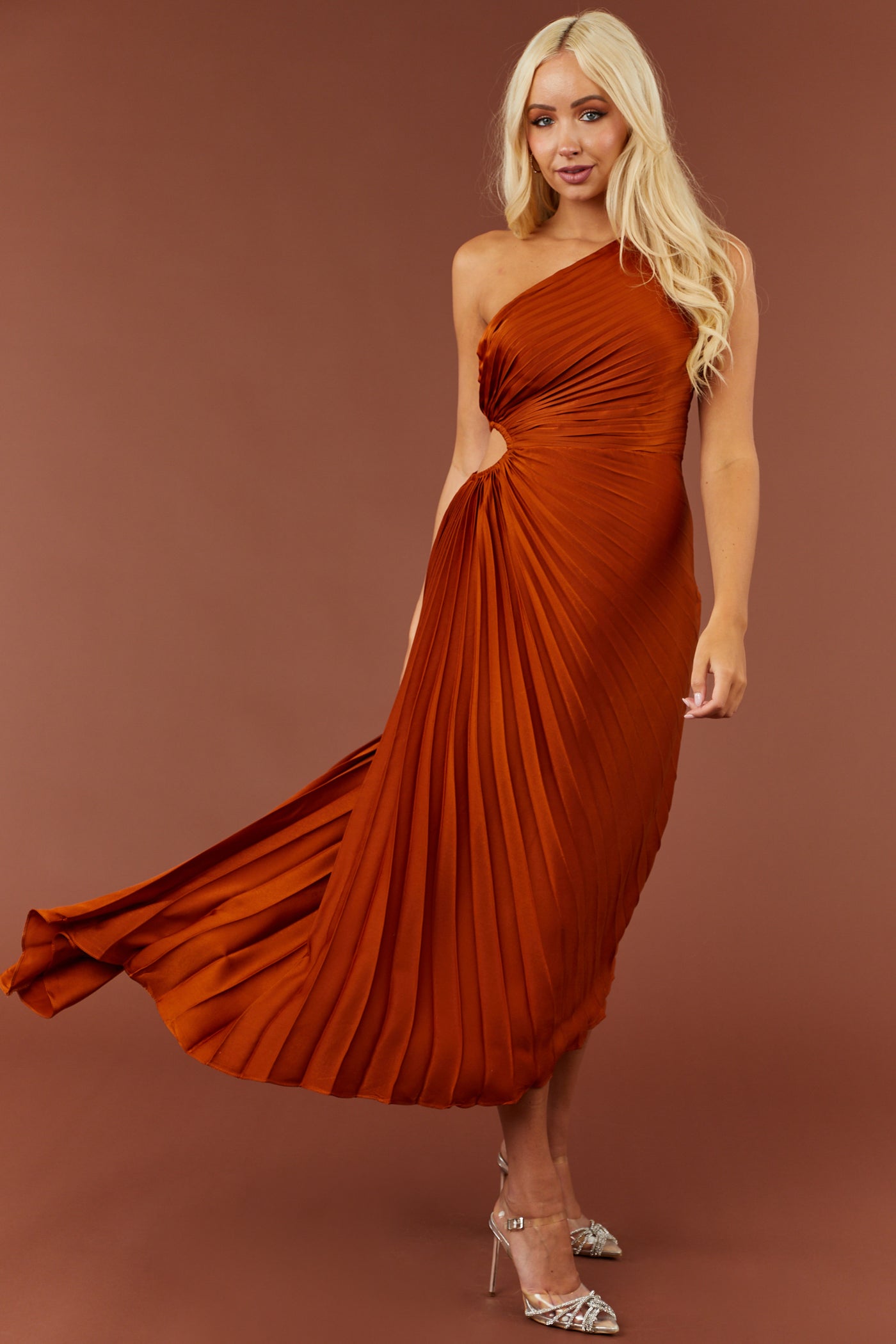 Tawny One Shoulder Side Cut Out Pleated Midi Dress