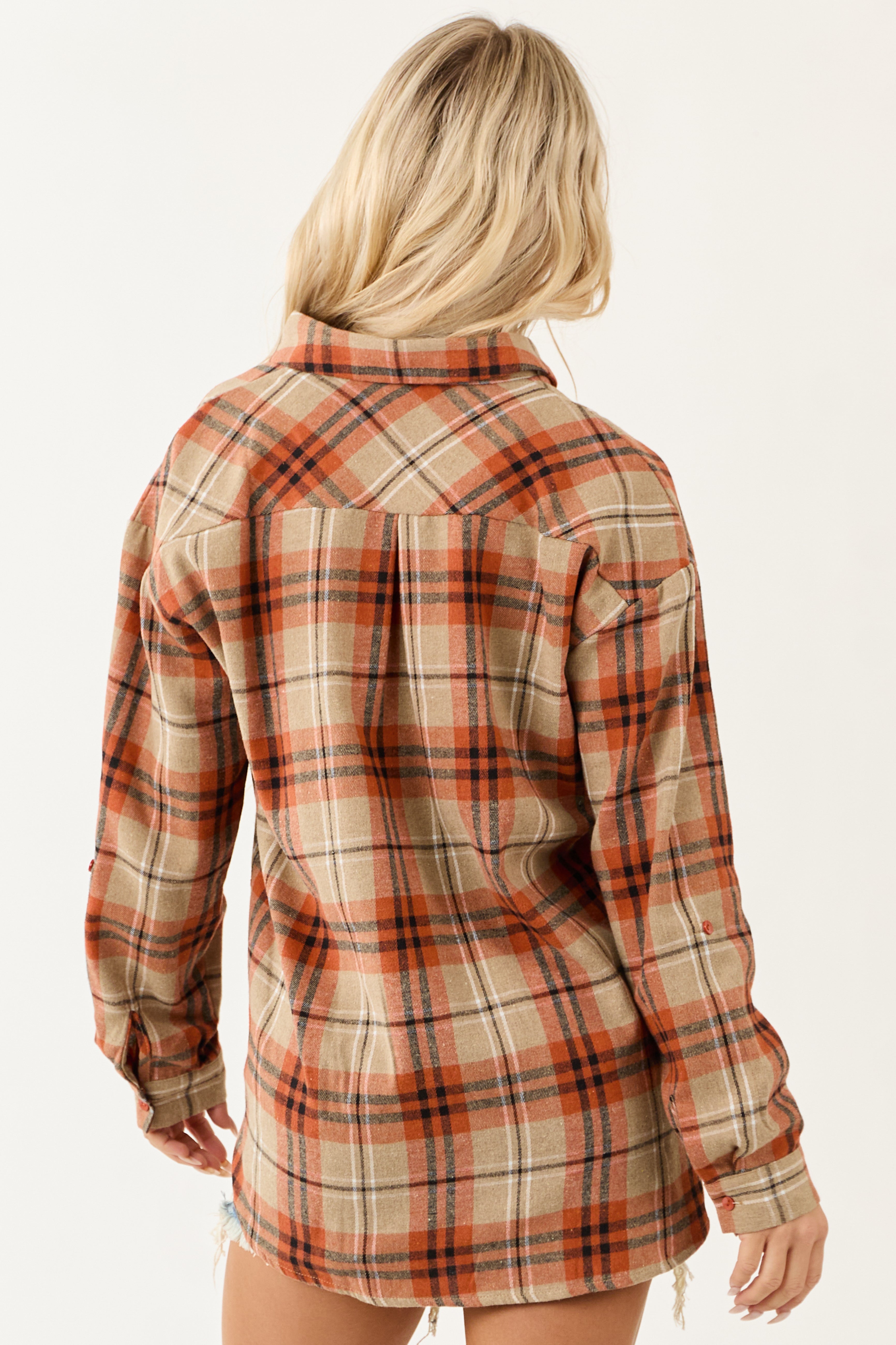 Tawny Plaid Flannel Long Sleeve Button Up Top