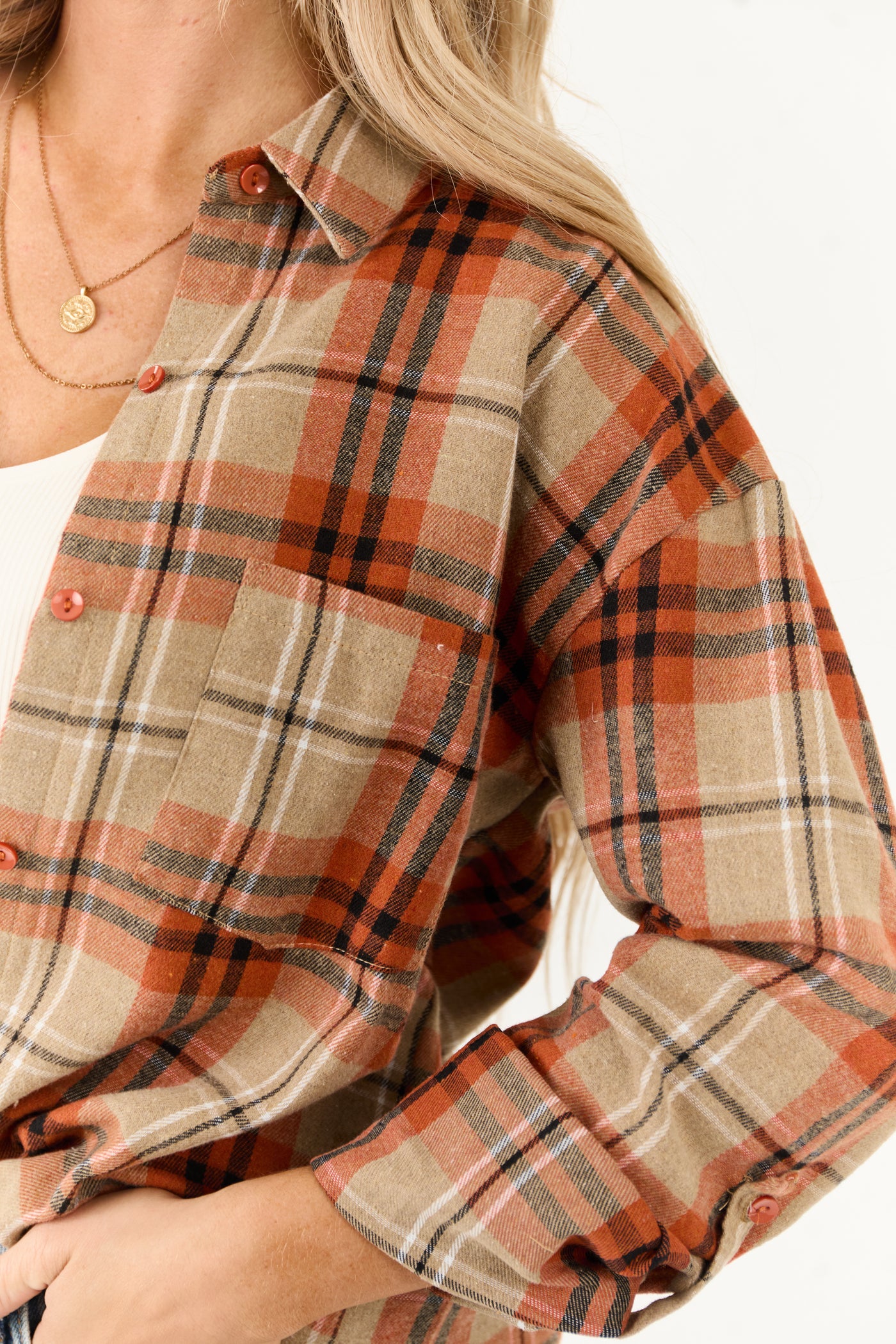 Tawny Plaid Flannel Long Sleeve Button Up Top