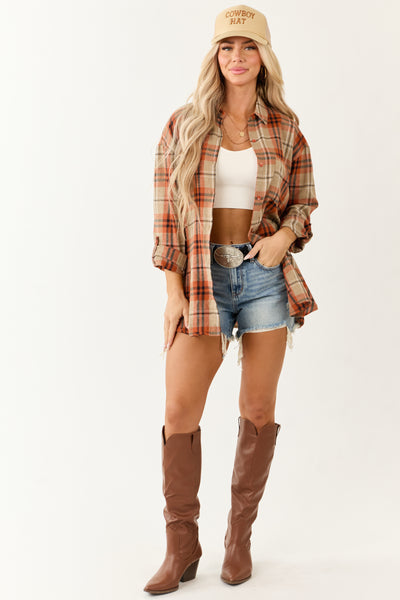 Tawny Plaid Flannel Long Sleeve Button Up Top
