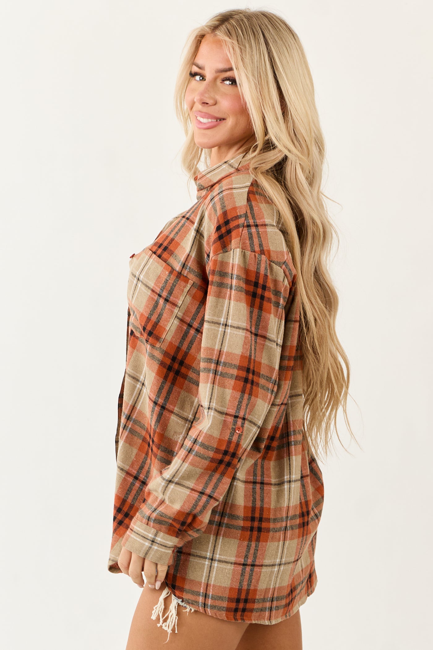 Tawny Plaid Flannel Long Sleeve Button Up Top