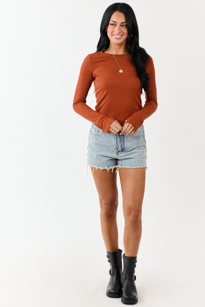Tawny Rib Knit Round Neck Long Sleeve Top