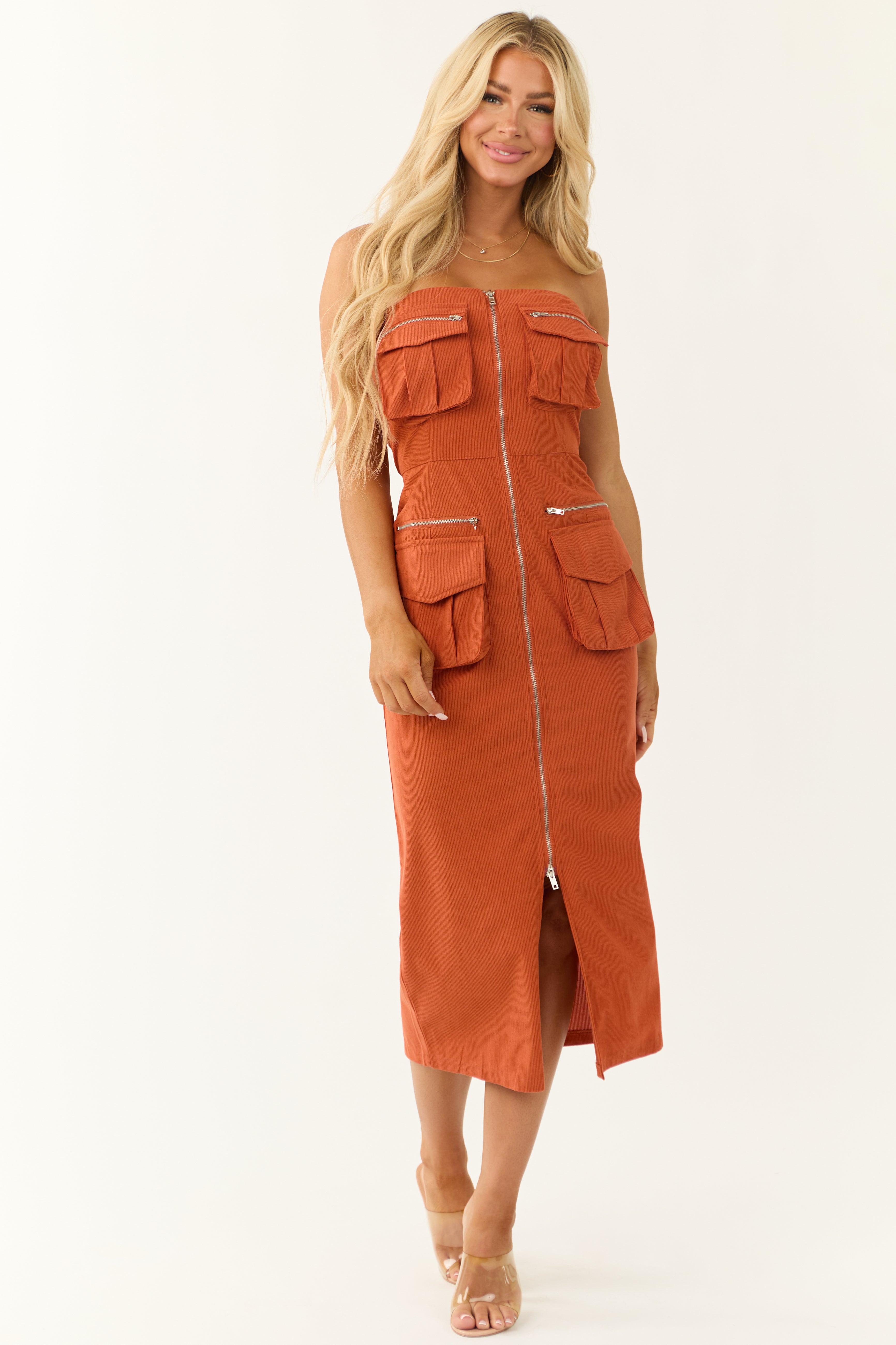 Tawny Strapless Cargo Zip Up Front Midi Dress | Lime Lush
