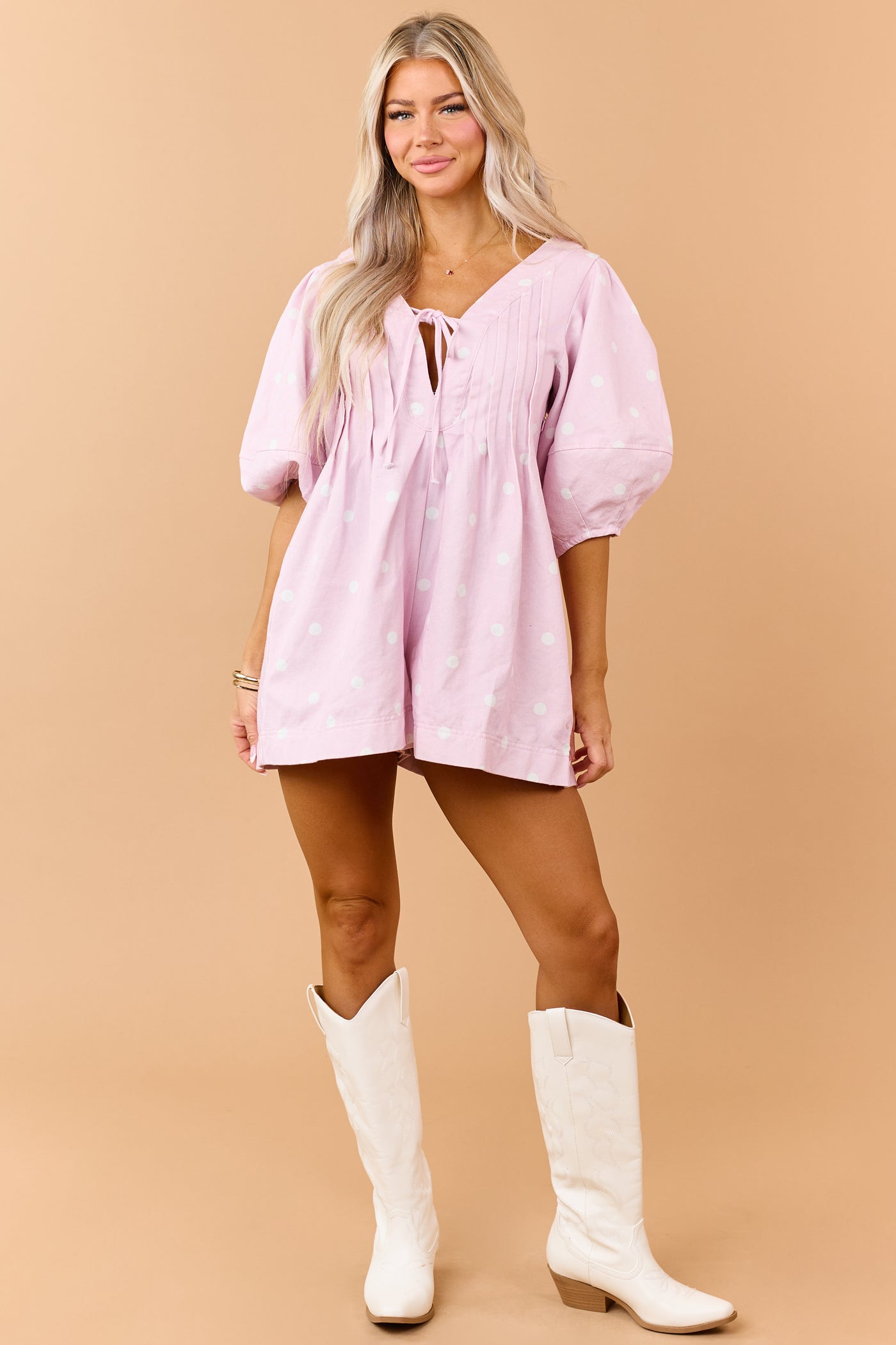 Tea Rose Denim Polka Dot Half Sleeve Romper