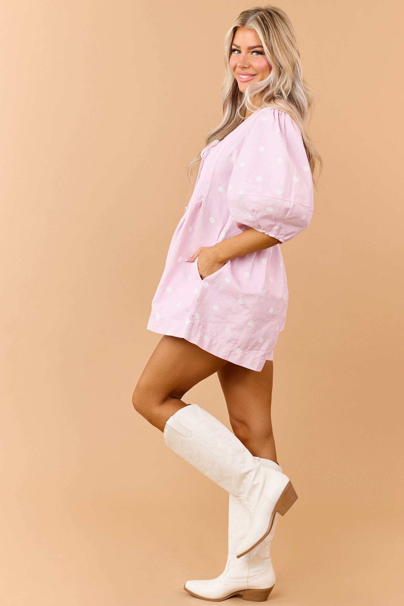 Tea Rose Denim Polka Dot Half Sleeve Romper