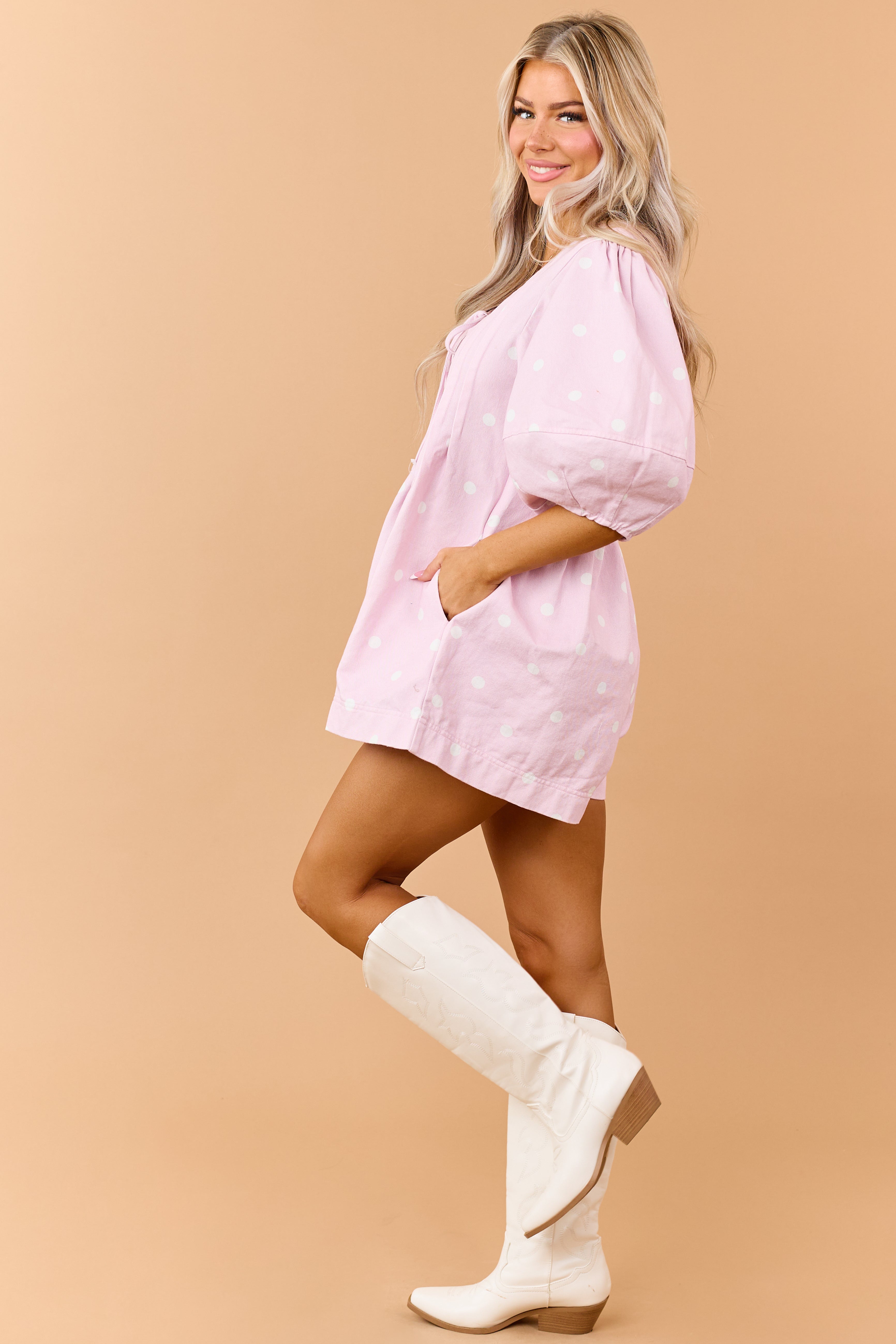Tea Rose Denim Polka Dot Half Sleeve Romper