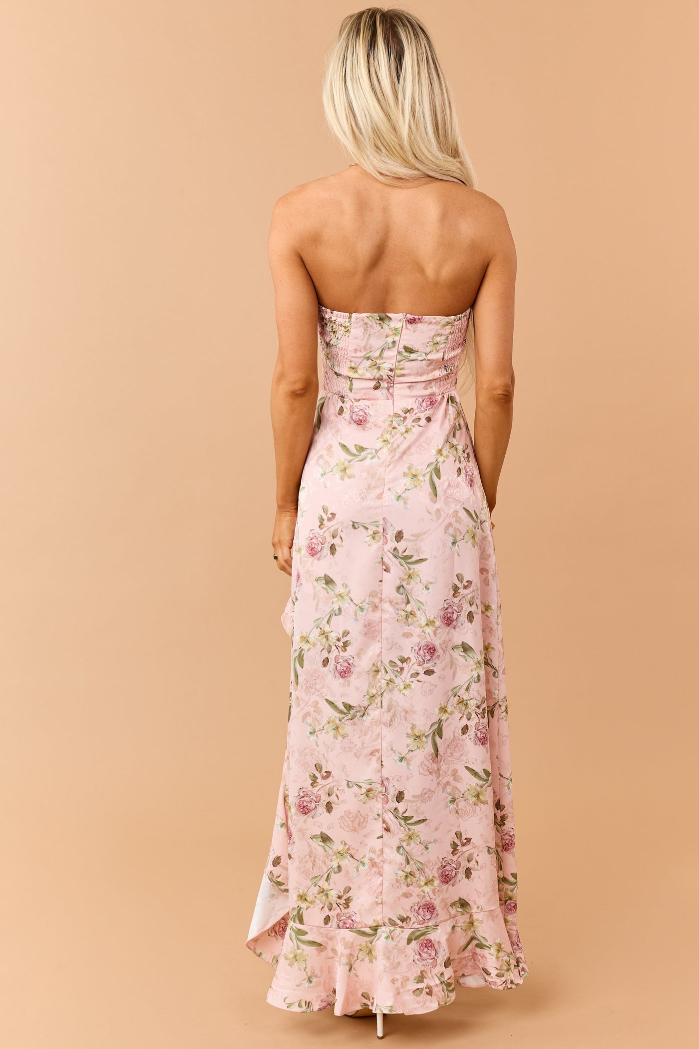Tea Rose Floral Print High Low Ruffle Hem Maxi Dress