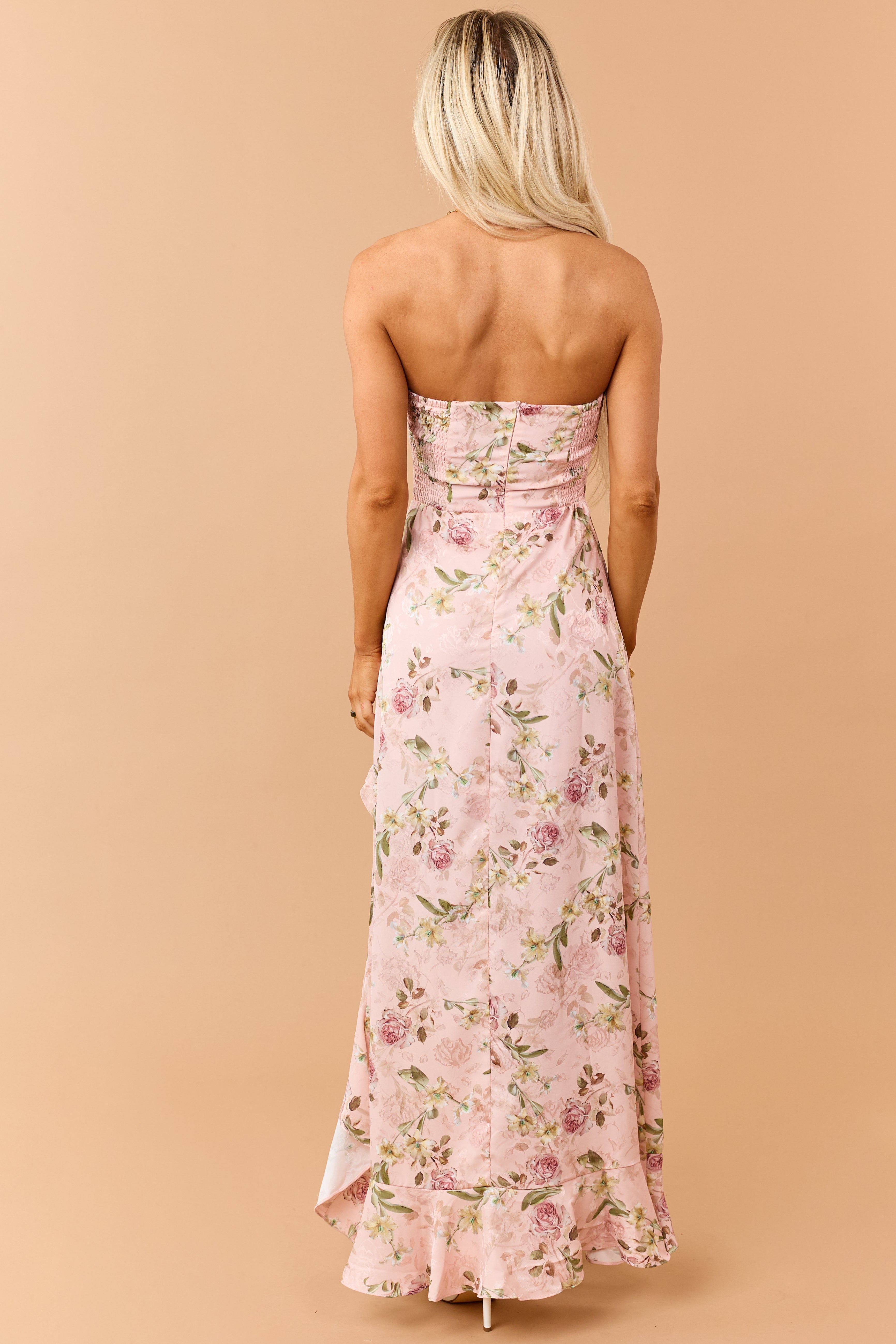 Tea Rose Floral Print High Low Ruffle Hem Maxi Dress