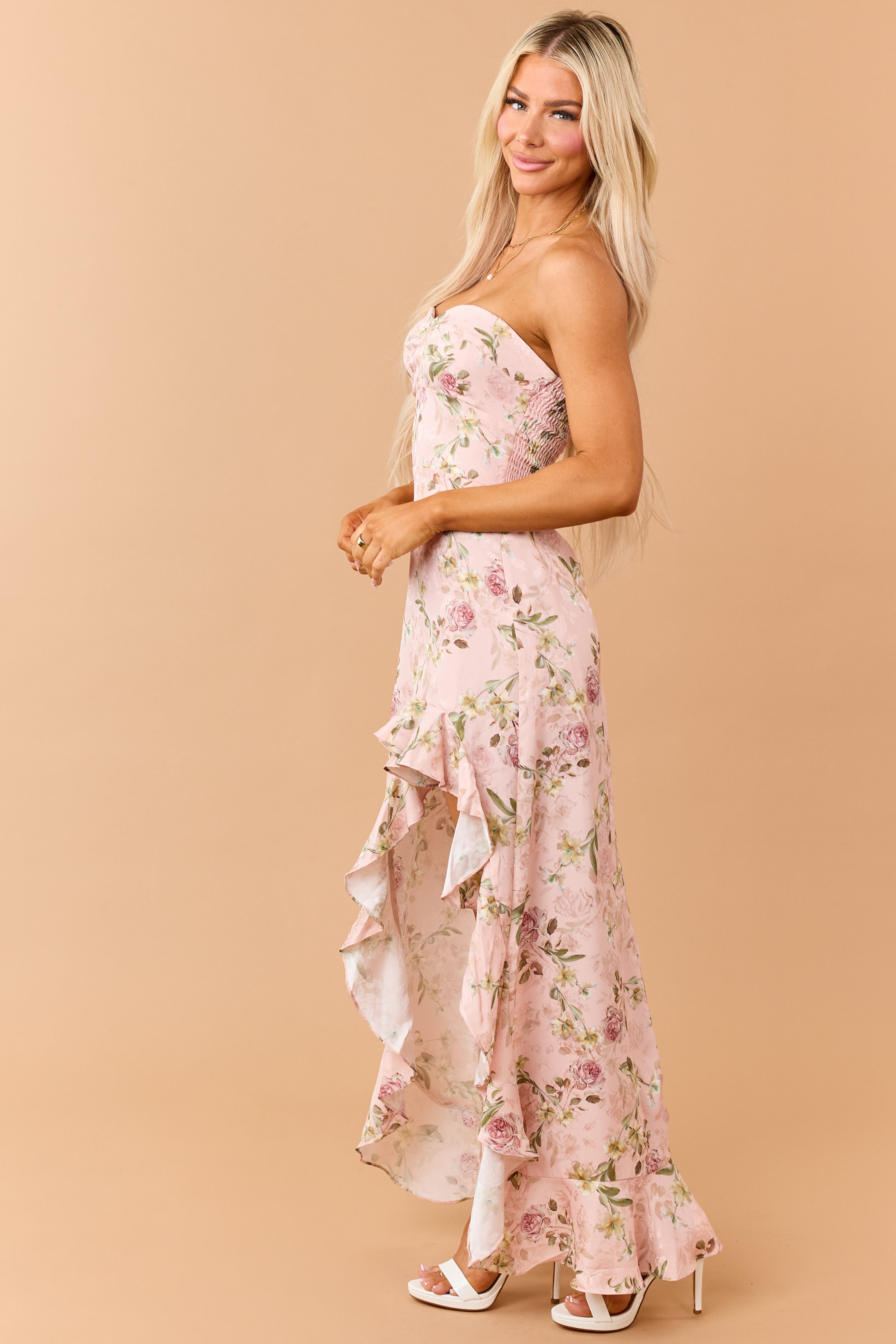 Tea Rose Floral Print High Low Ruffle Hem Maxi Dress