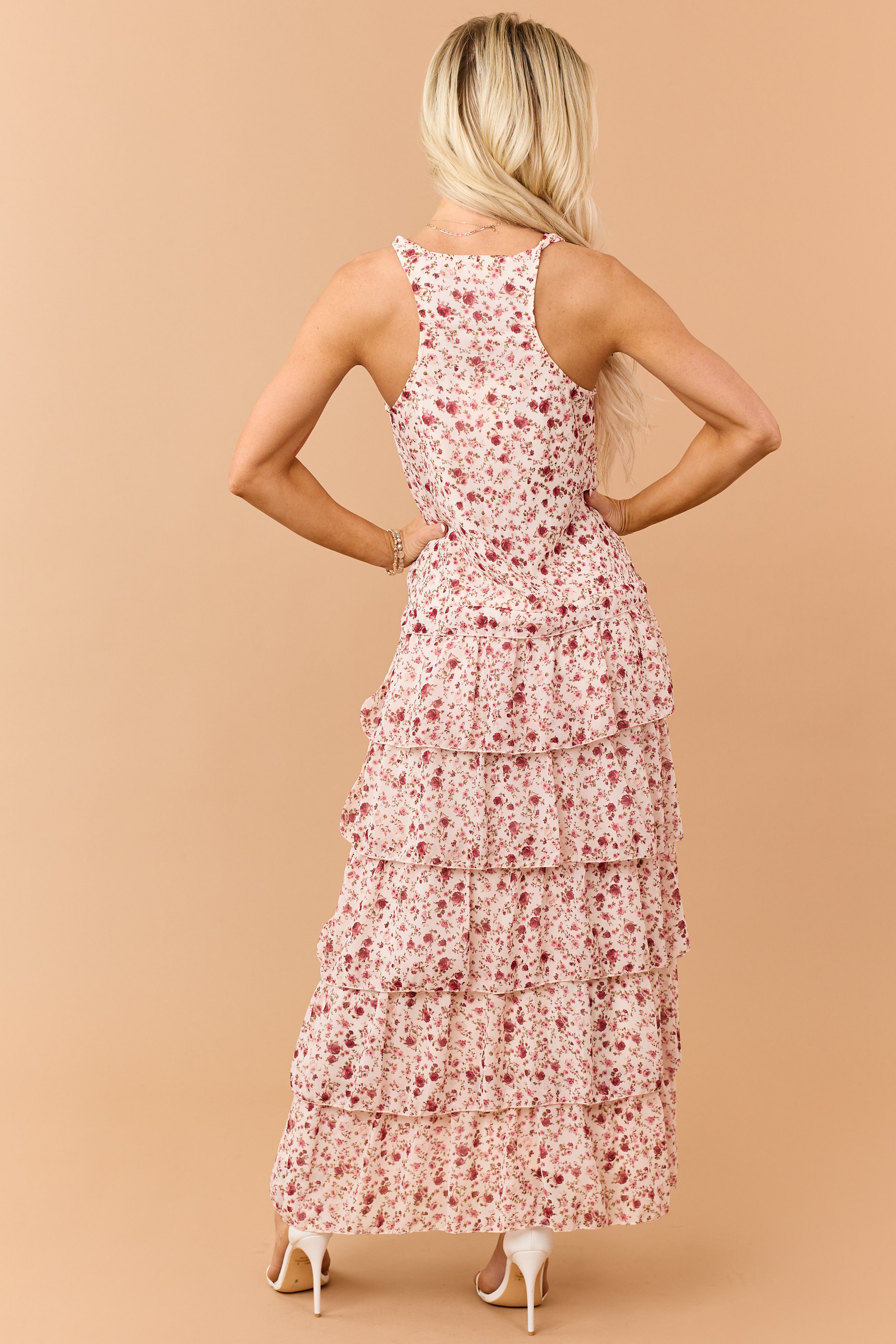 Tea Rose Floral Ruffle Tiered Twist Strap Maxi Dress