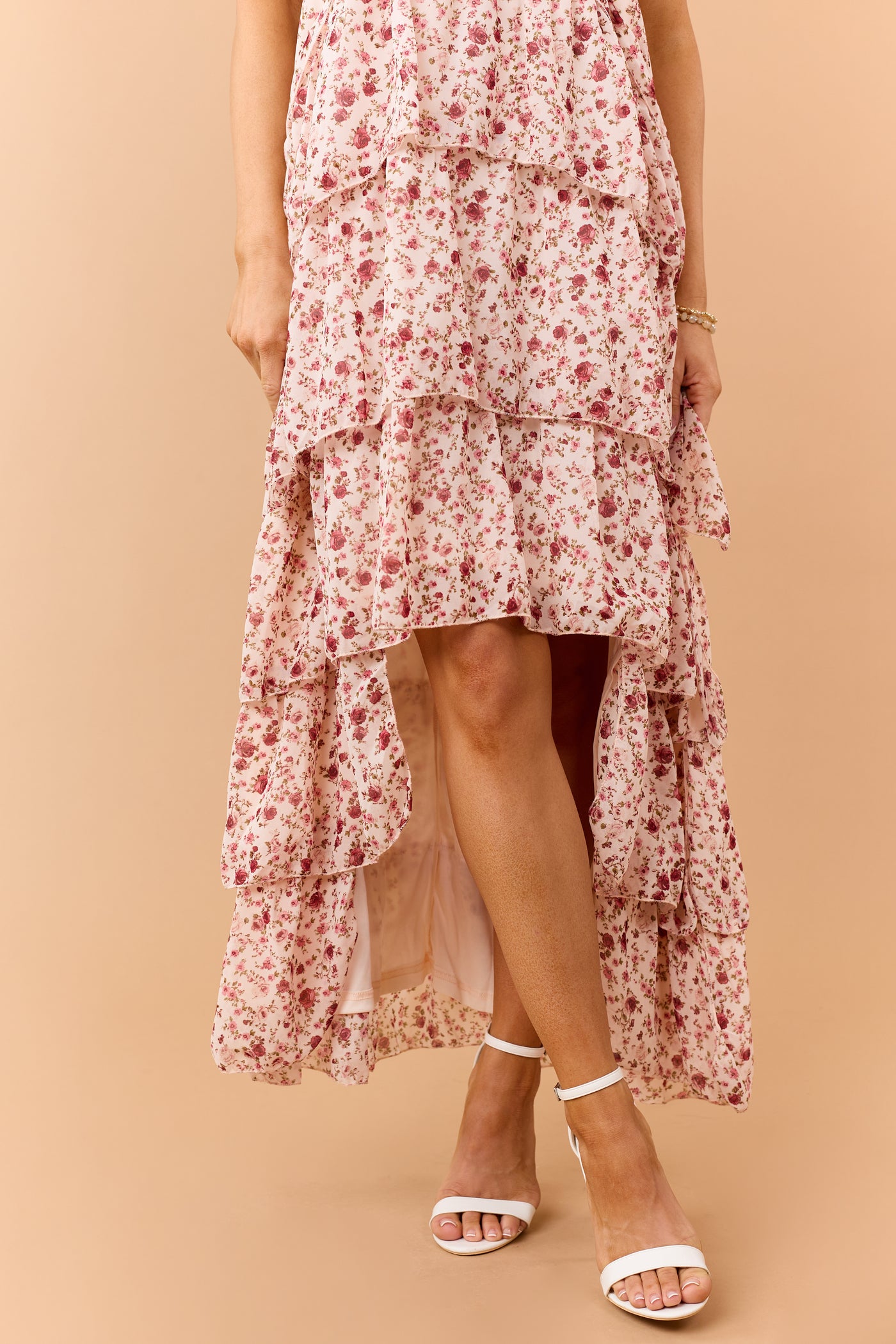 Tea Rose Floral Ruffle Tiered Twist Strap Maxi Dress