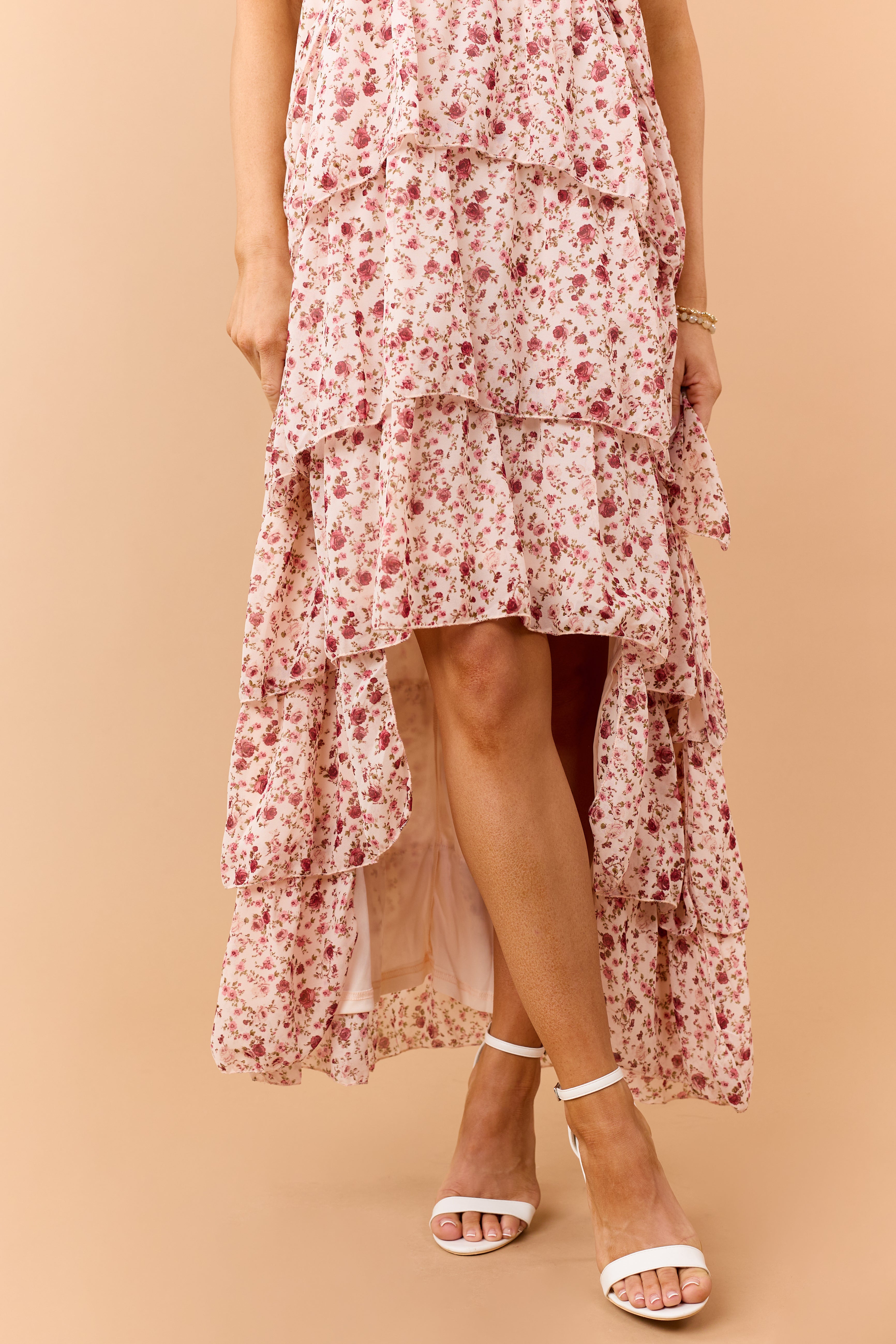 Tea Rose Floral Ruffle Tiered Twist Strap Maxi Dress