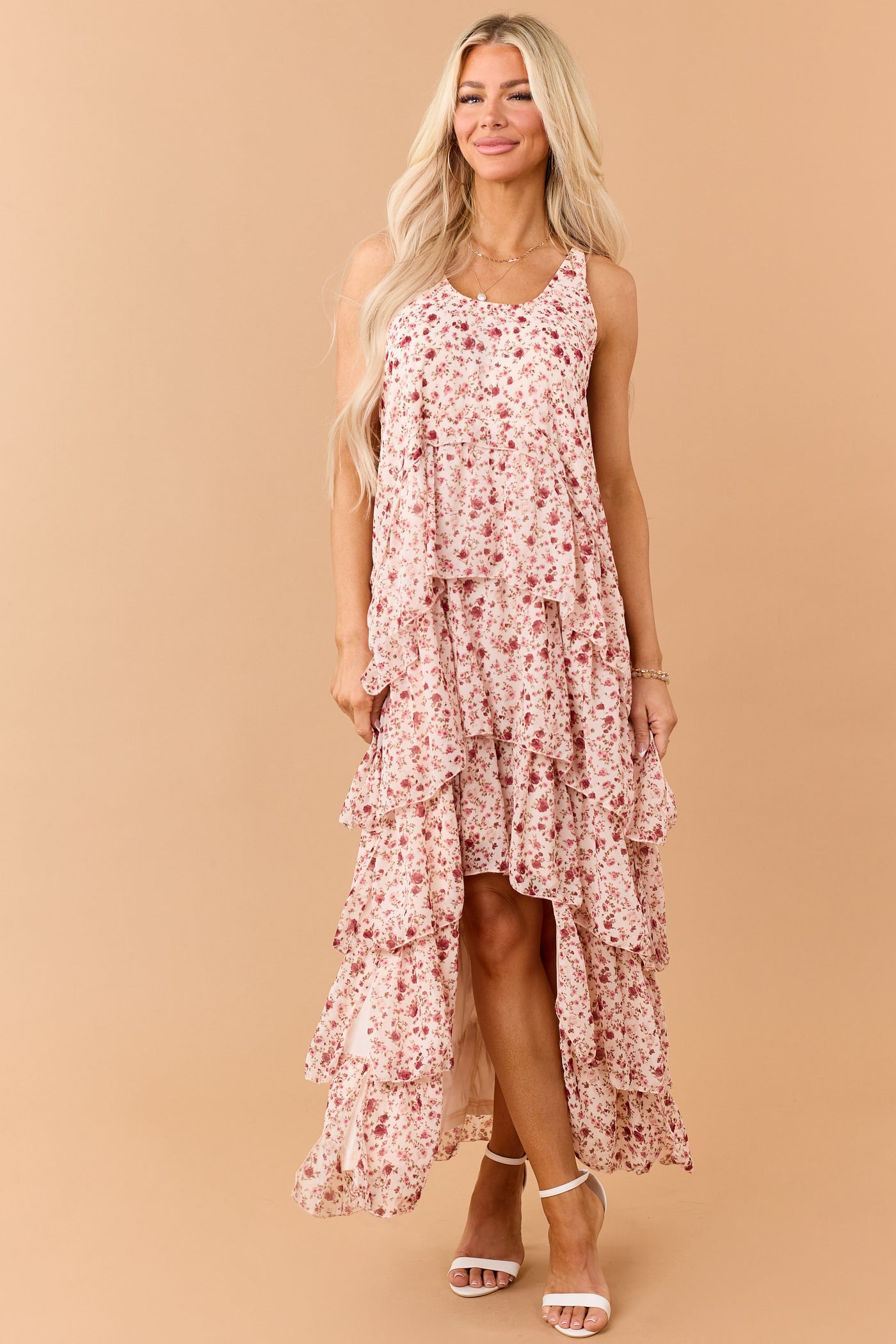Tea Rose Floral Ruffle Tiered Twist Strap Maxi Dress