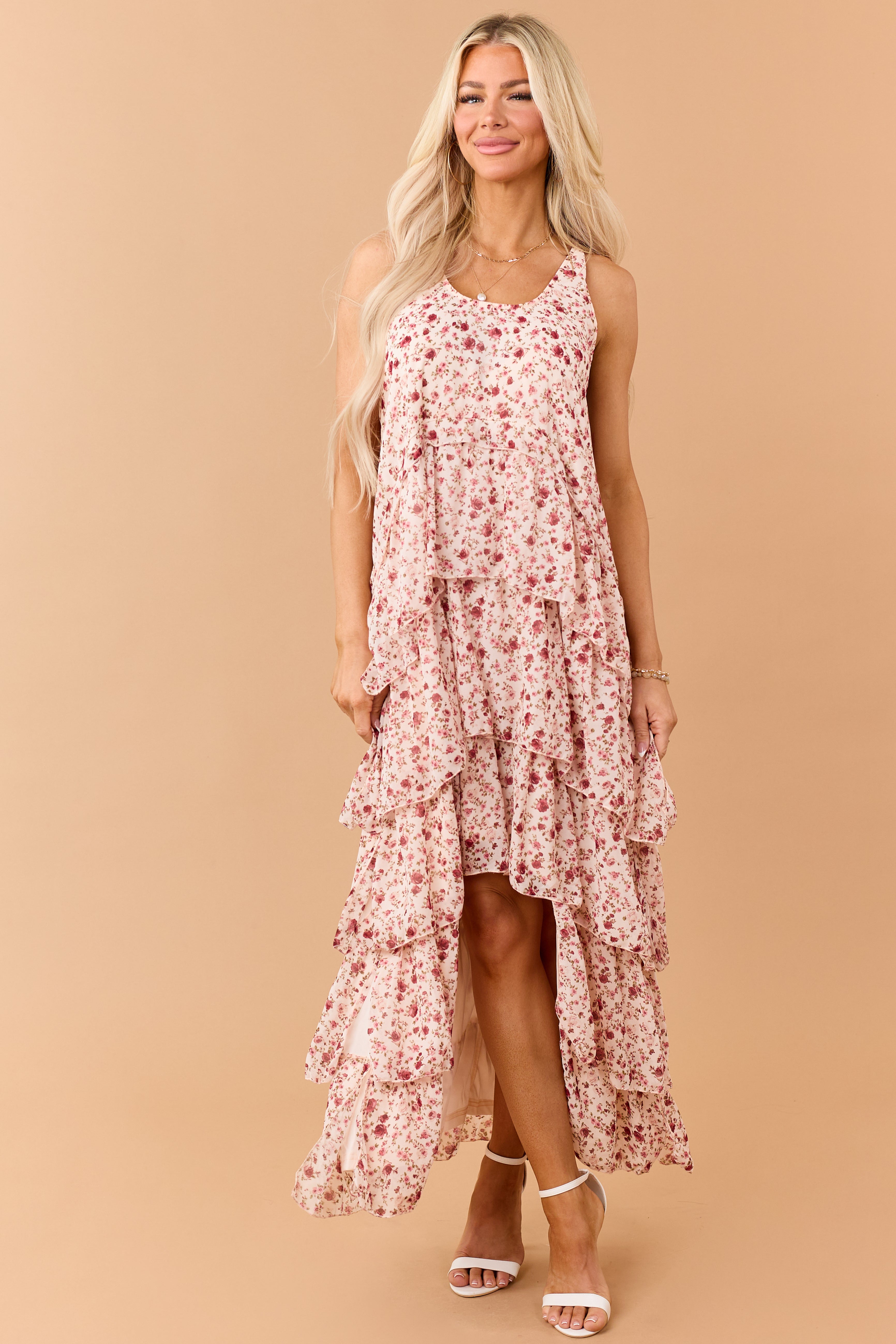 Tea Rose Floral Ruffle Tiered Twist Strap Maxi Dress