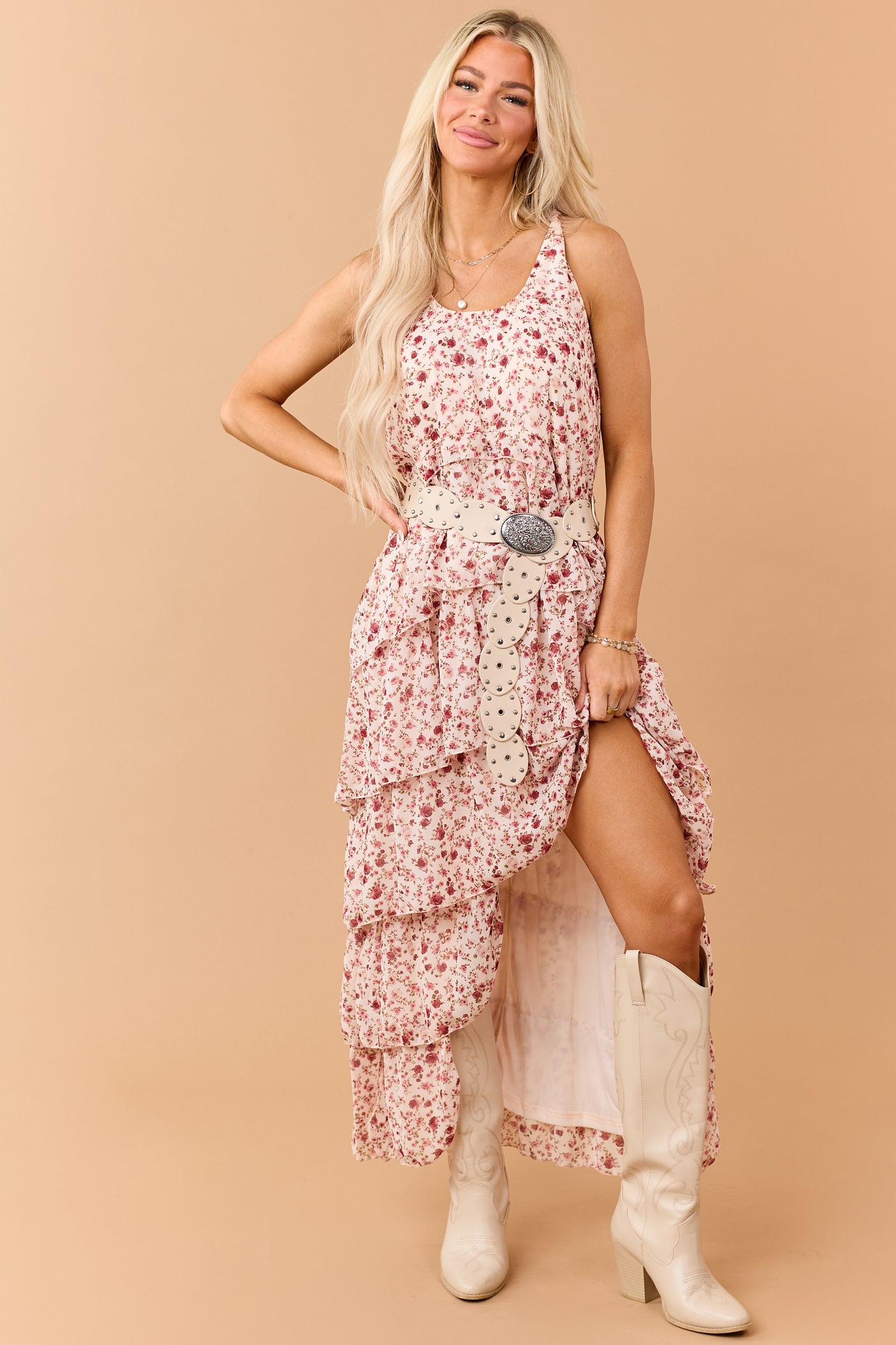 Tea Rose Floral Ruffle Tiered Twist Strap Maxi Dress
