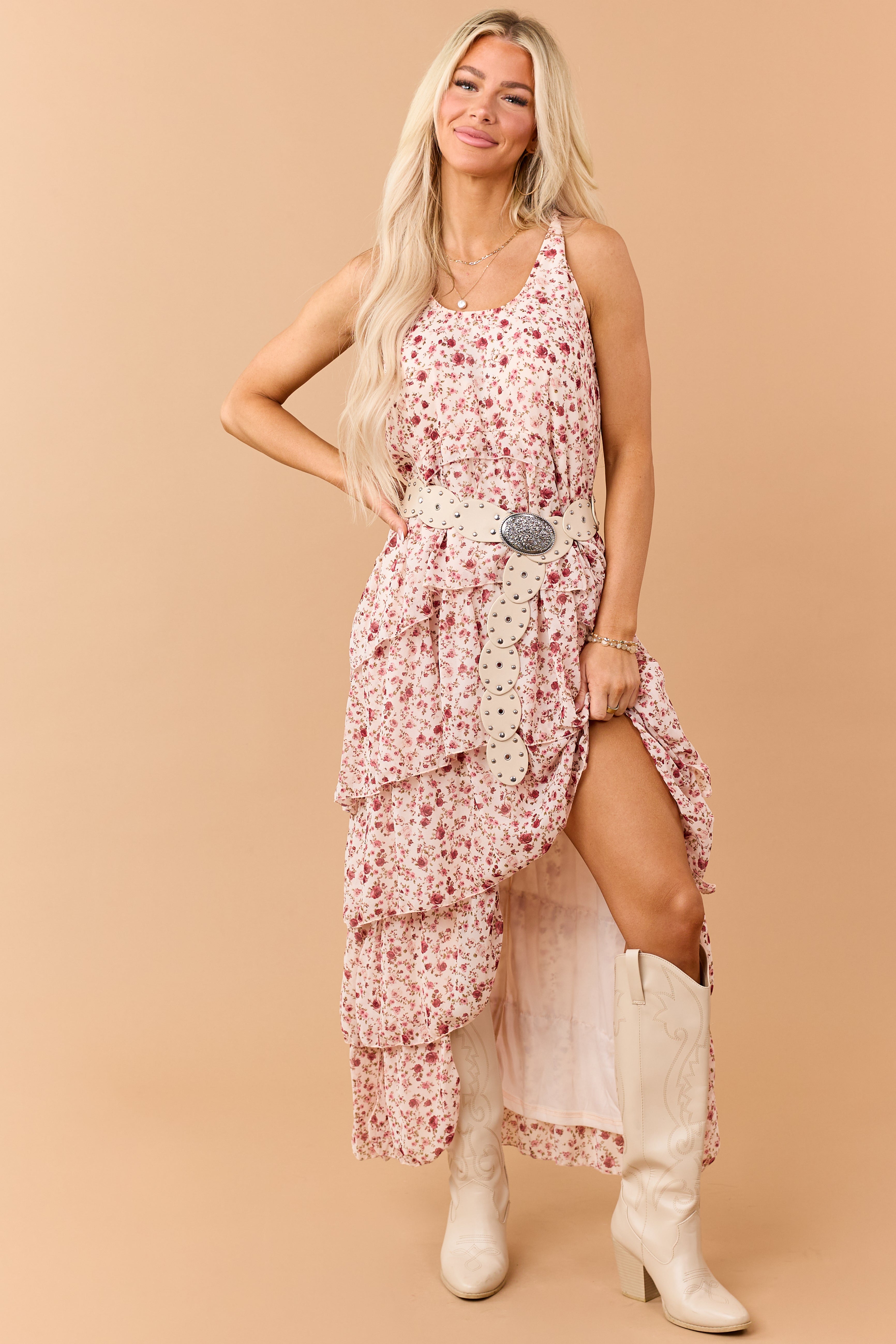 Tea Rose Floral Ruffle Tiered Twist Strap Maxi Dress