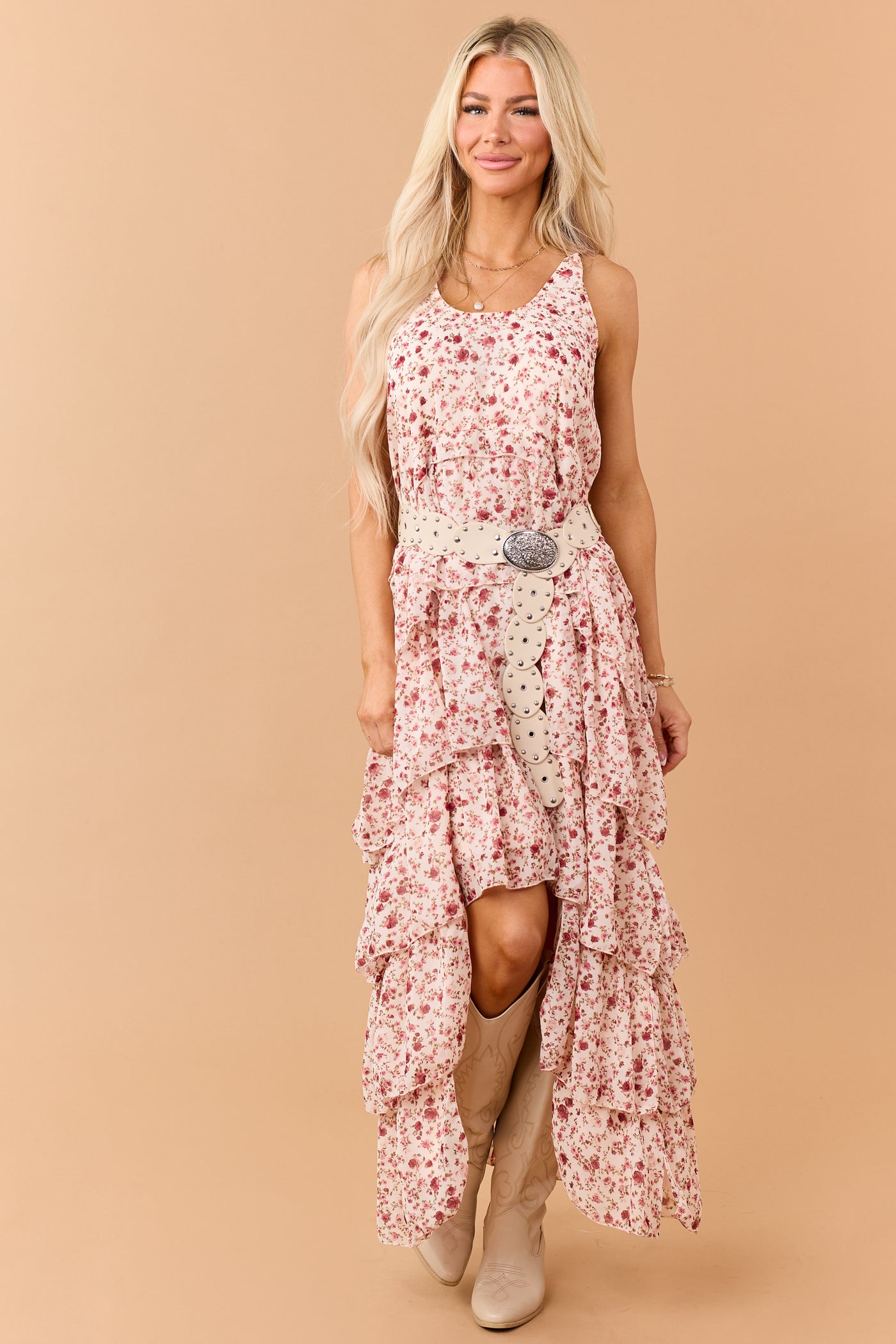 Tea Rose Floral Ruffle Tiered Twist Strap Maxi Dress