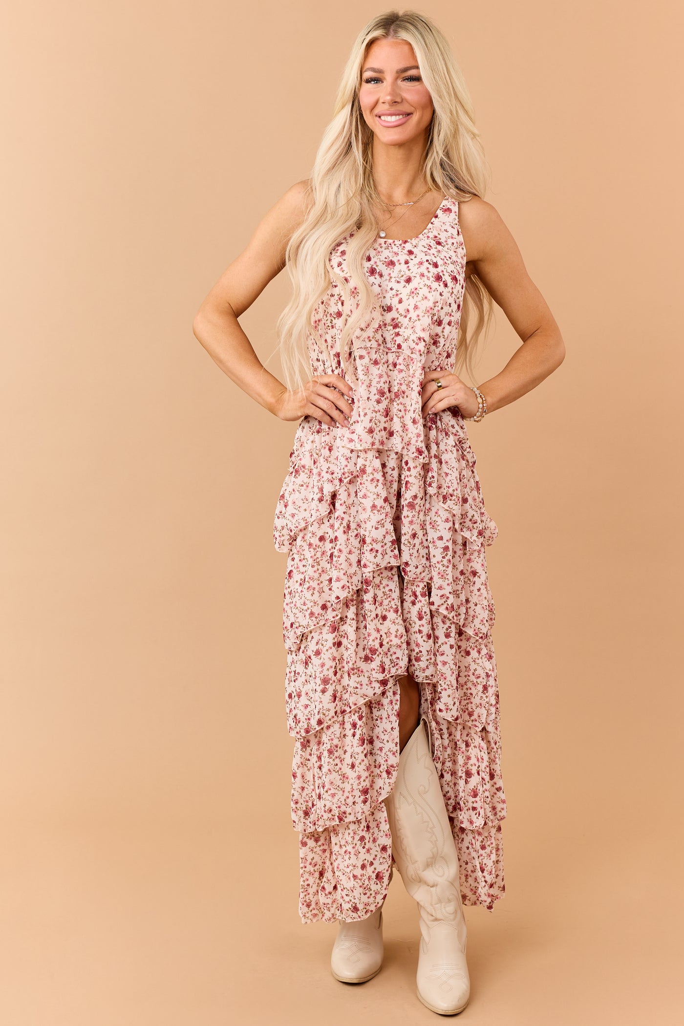 Tea Rose Floral Ruffle Tiered Twist Strap Maxi Dress