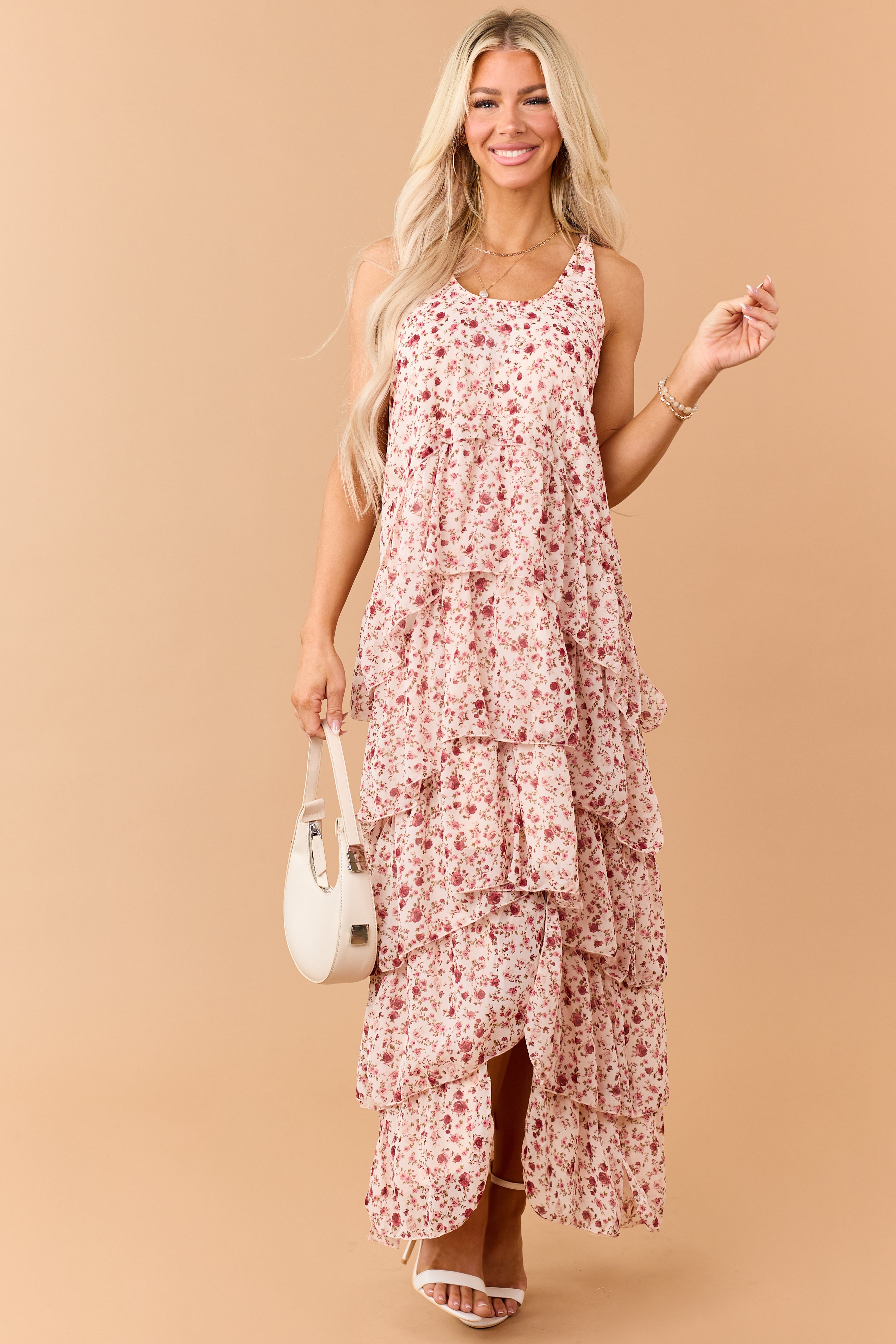 Tea Rose Floral Ruffle Tiered Twist Strap Maxi Dress