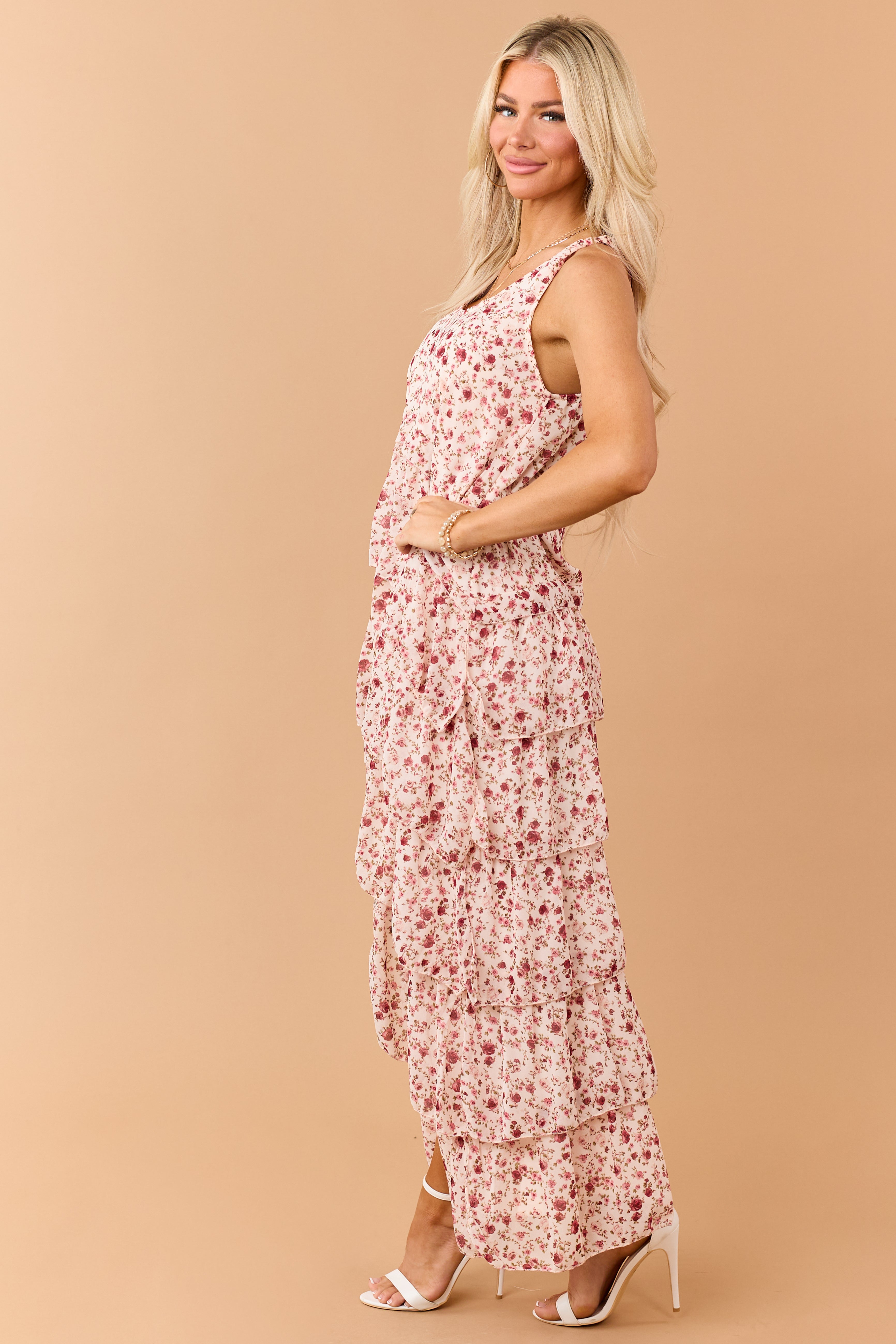 Tea Rose Floral Ruffle Tiered Twist Strap Maxi Dress
