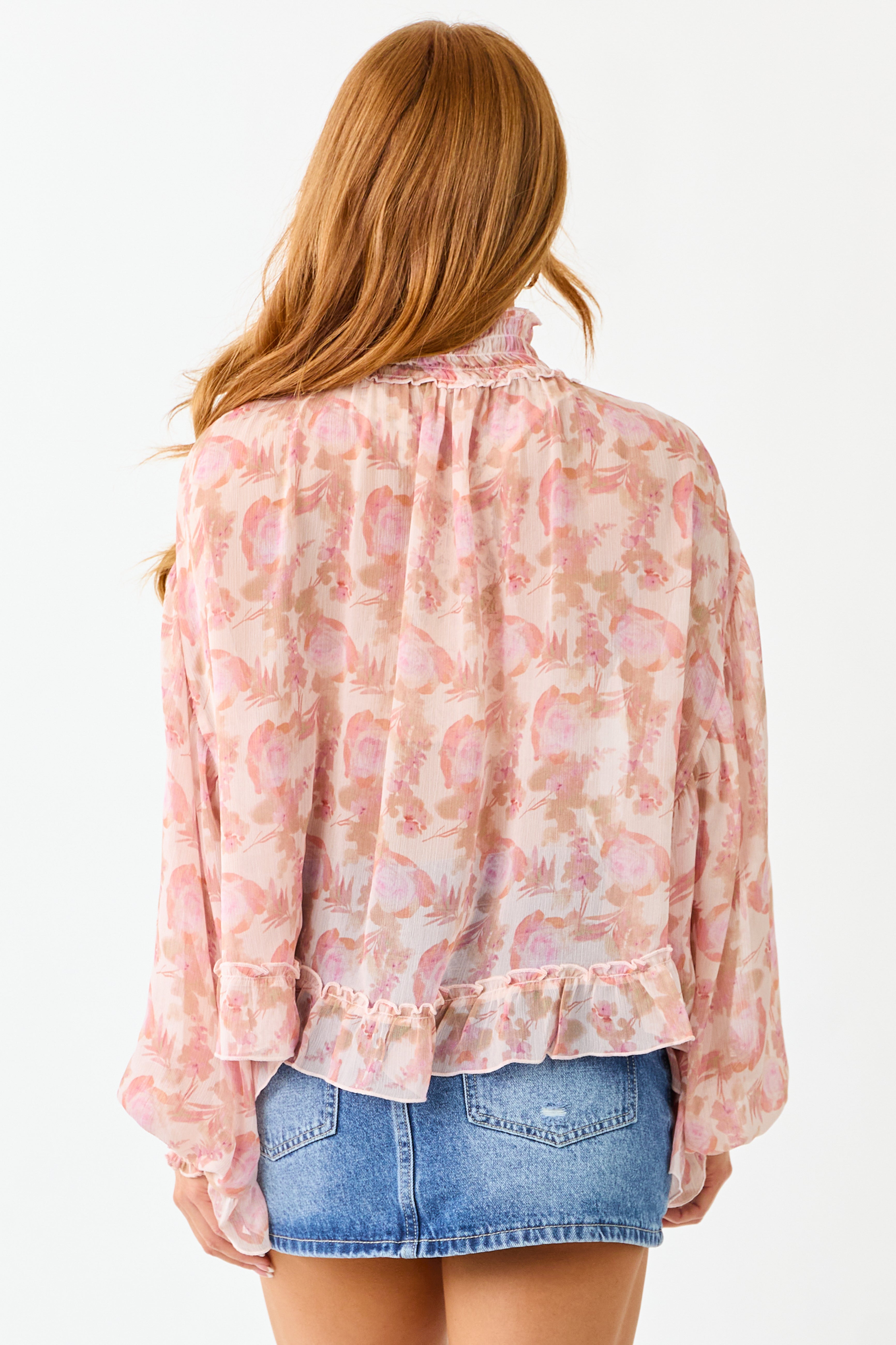 Tea Rose Floral Sheer Chiffon Smocked Trim Top