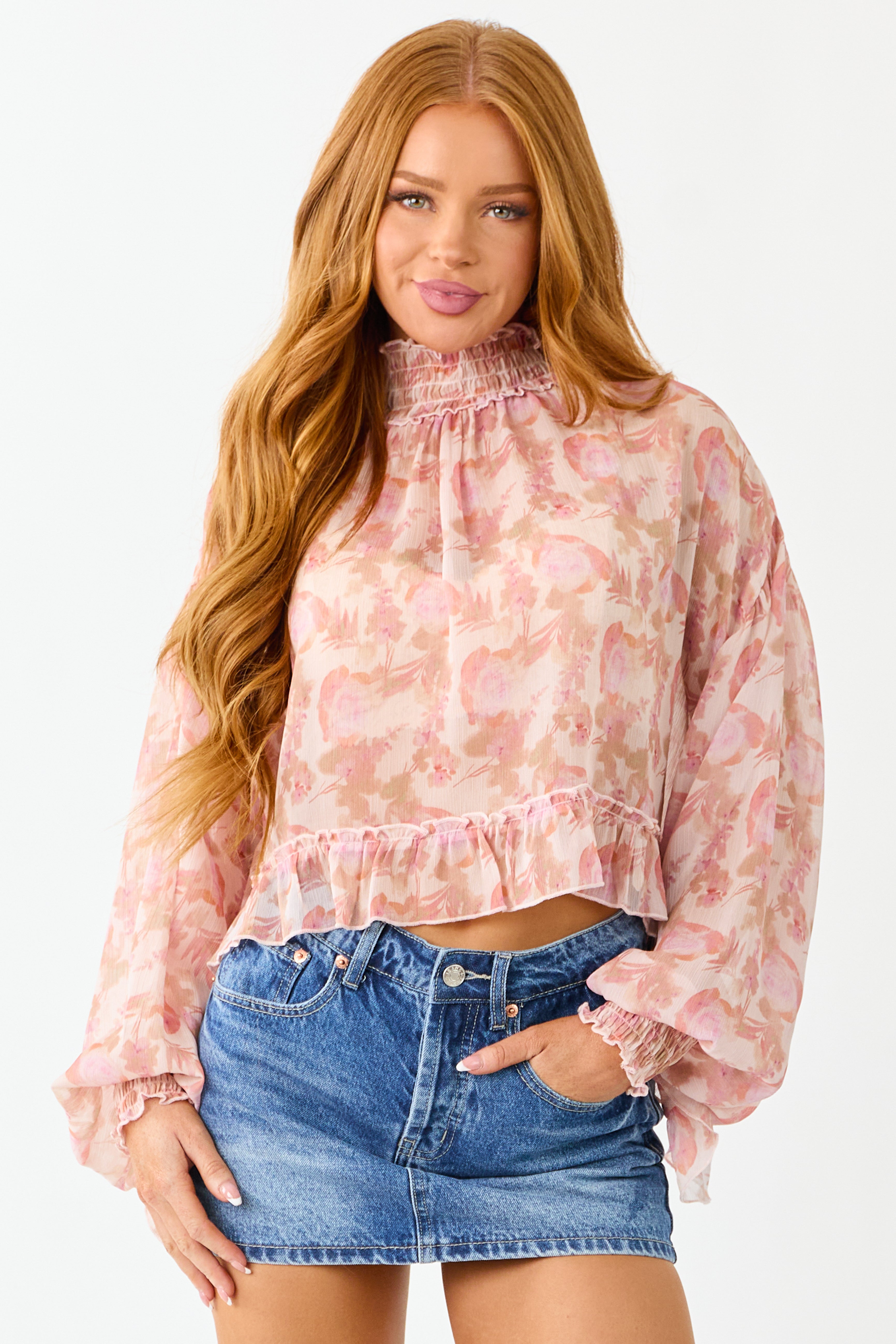 Tea Rose Floral Sheer Chiffon Smocked Trim Top