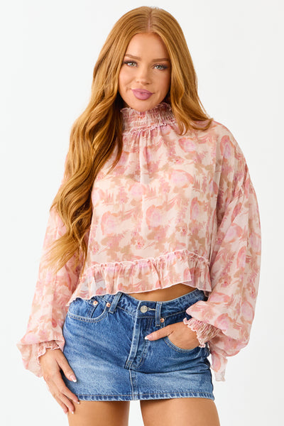 Tea Rose Floral Sheer Chiffon Smocked Trim Top