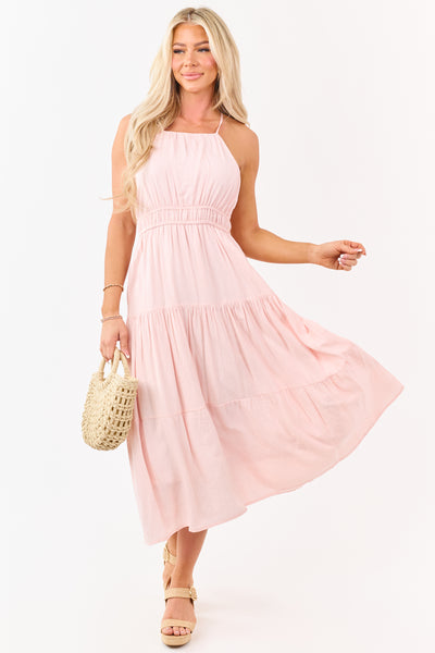 Tea Rose Halter Neckline Tiered Midi Dress