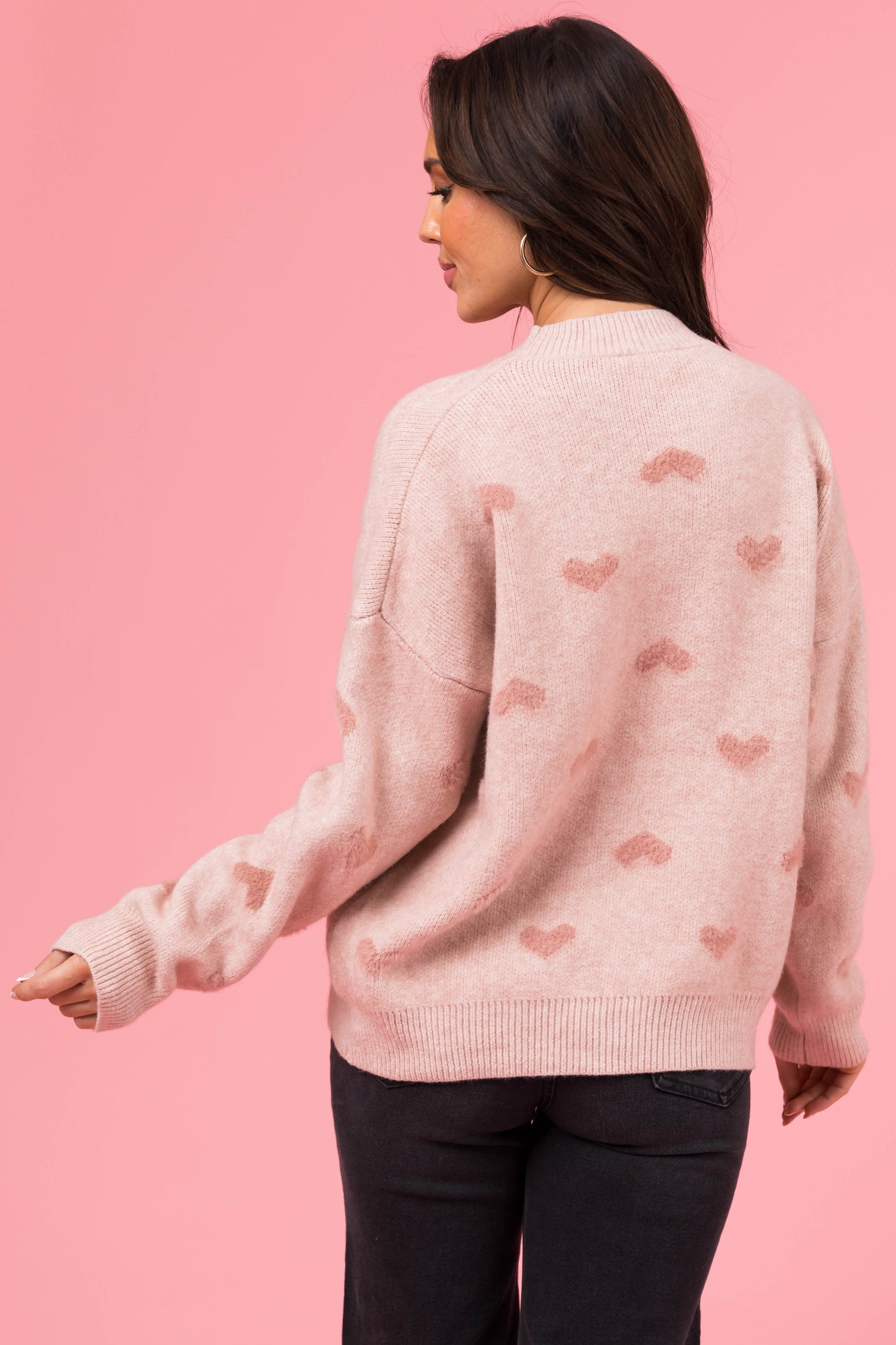 Tea Rose Heart Pattern Long Sleeve Sweater
