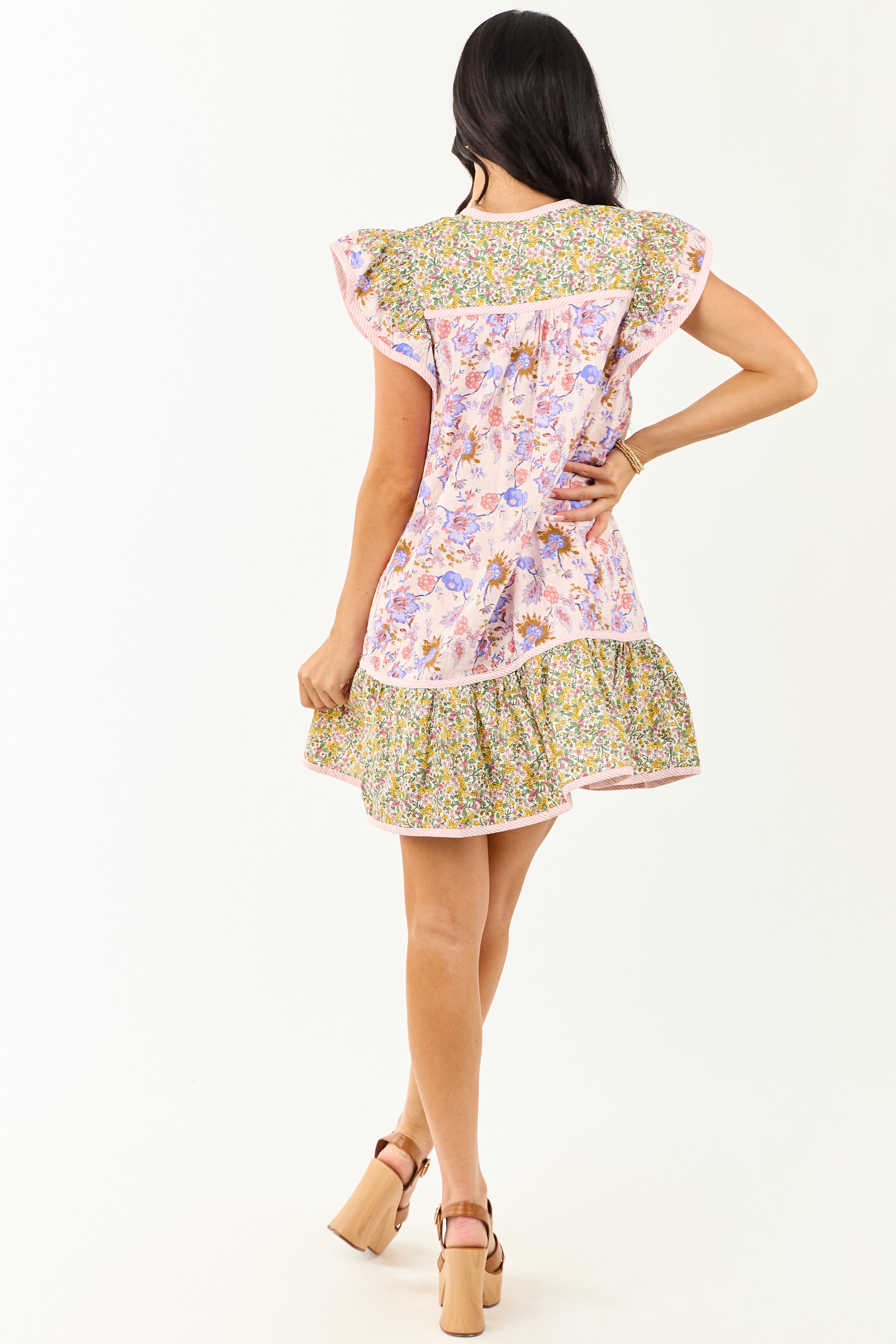 Tea Rose Mixed Floral Print Ruffle Sleeve Mini Dress